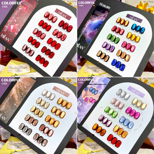 【พร้อมส่ง】MILANเซ็ตใหม่ 10 สี! สีเจลแคทอายเนื้อซาติน, สีเจลแฟลช, สีเจลแคทอาย/สีลูกแก้ว สีเจลสีพื้น สีเจลไซรัป  สีเจลแคทอายฟองอากาศ แถมชาร์ทสีให้คุณโชว์สีสวยๆ อย่างลงตัว!
