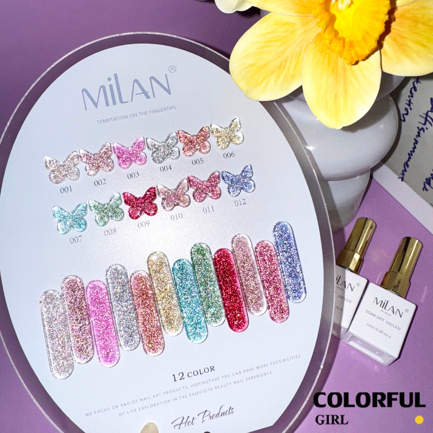 【พร้อมส่ง】Milan  สีเจลแฟลช 12 สี ✨ เจลกลิตเตอร์ประกายวิ้งค์ สีแน่น ติดทนนาน สีเจลทาเล็บ สี แถม ชาร์ทสี ยาทาเล็บเจล  15 มล.(ทามาให้แล้ว พร้อมใช้งาน)