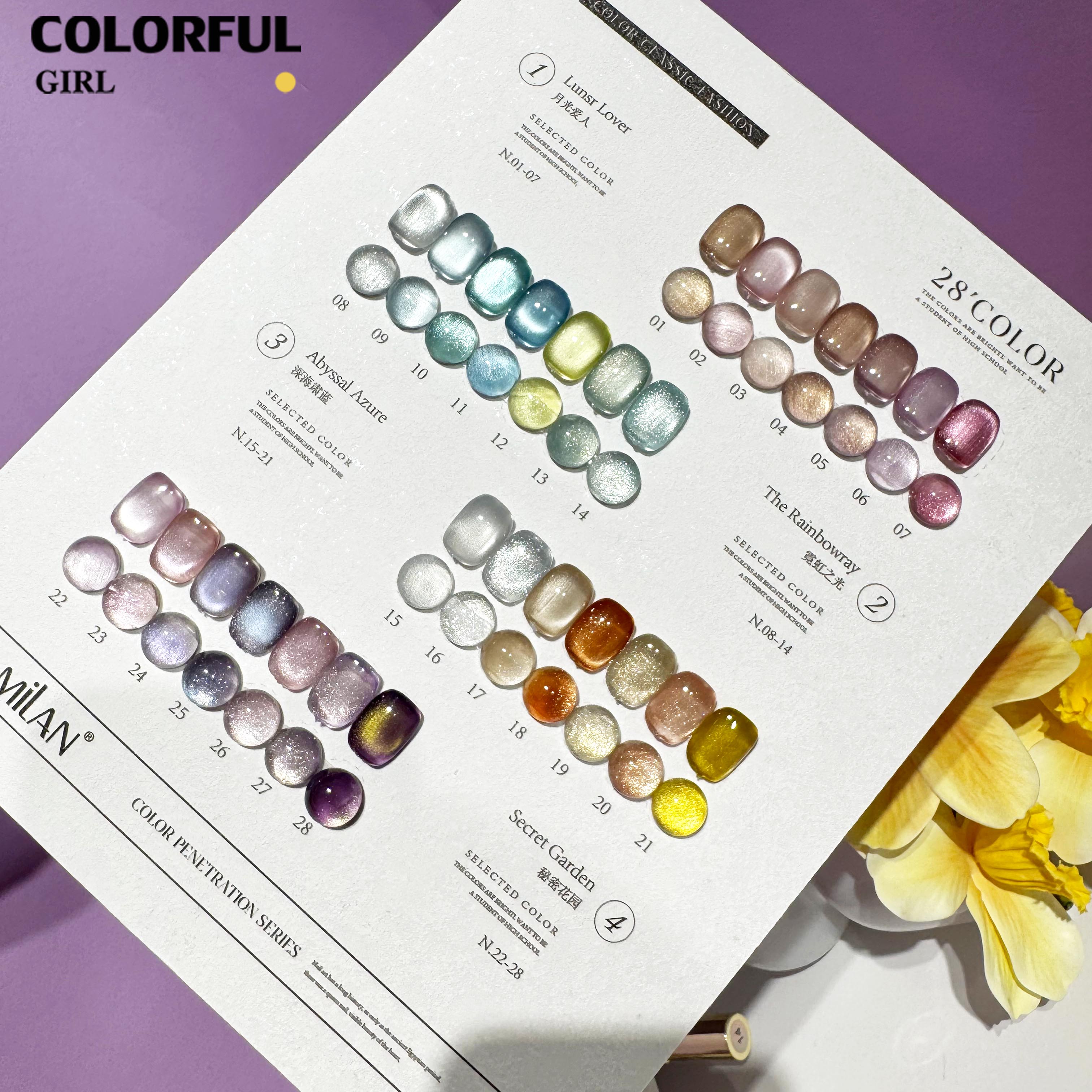 MILAN 28 สี เจลแคทอายผิวซาตินมุก + สีเจลแคทอาย ฟรีชาร์ทสี