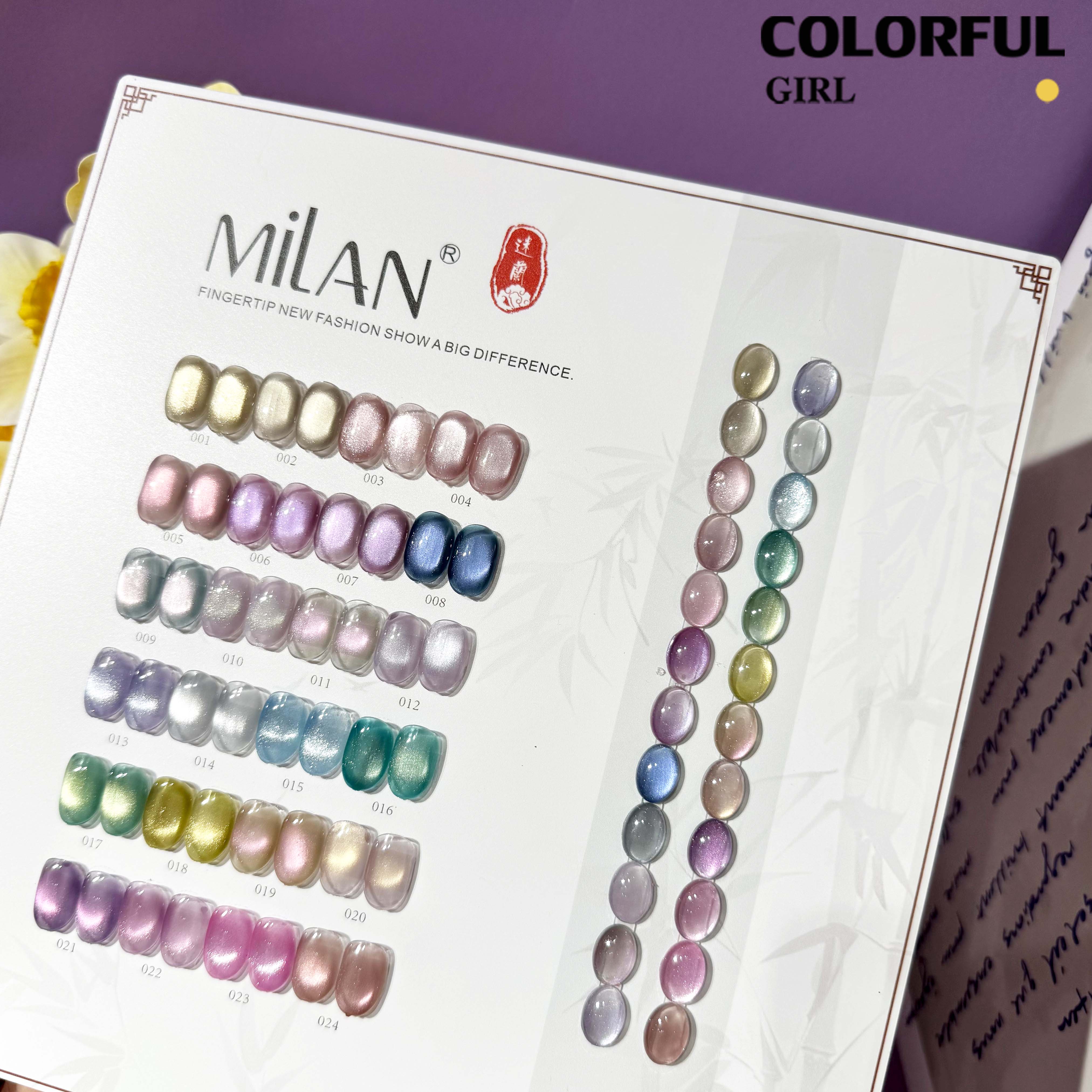 MILAN 24สี เจลแคทอายผิวซาตินมุก + สีเจลแคทอาย สีเจลแคทอายเนื้อซาติน ฟรีชาร์ทสี