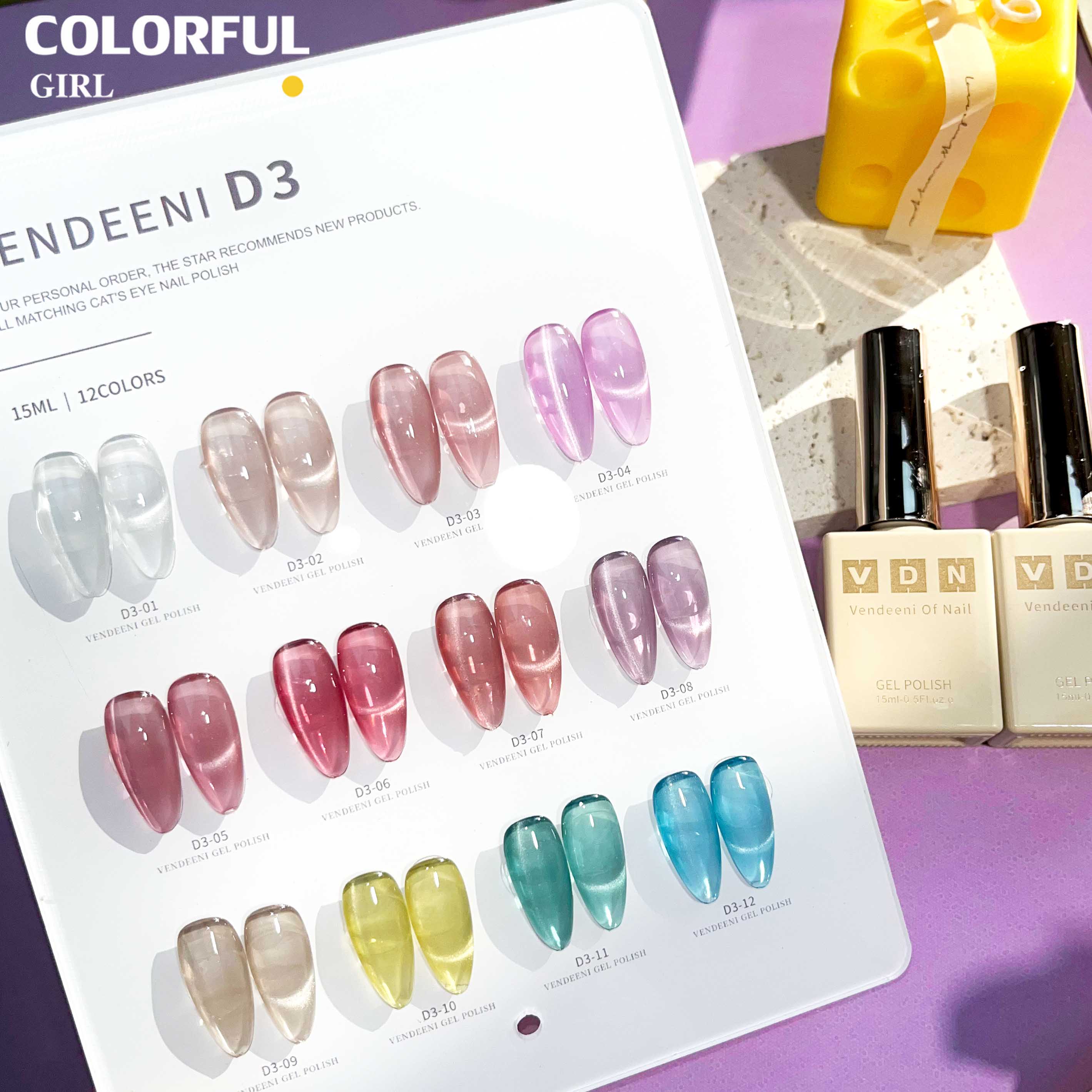 VENDEENI D-3 12 สี สีลูกแก้วแคทอาย พร้อมชาร์ทสี