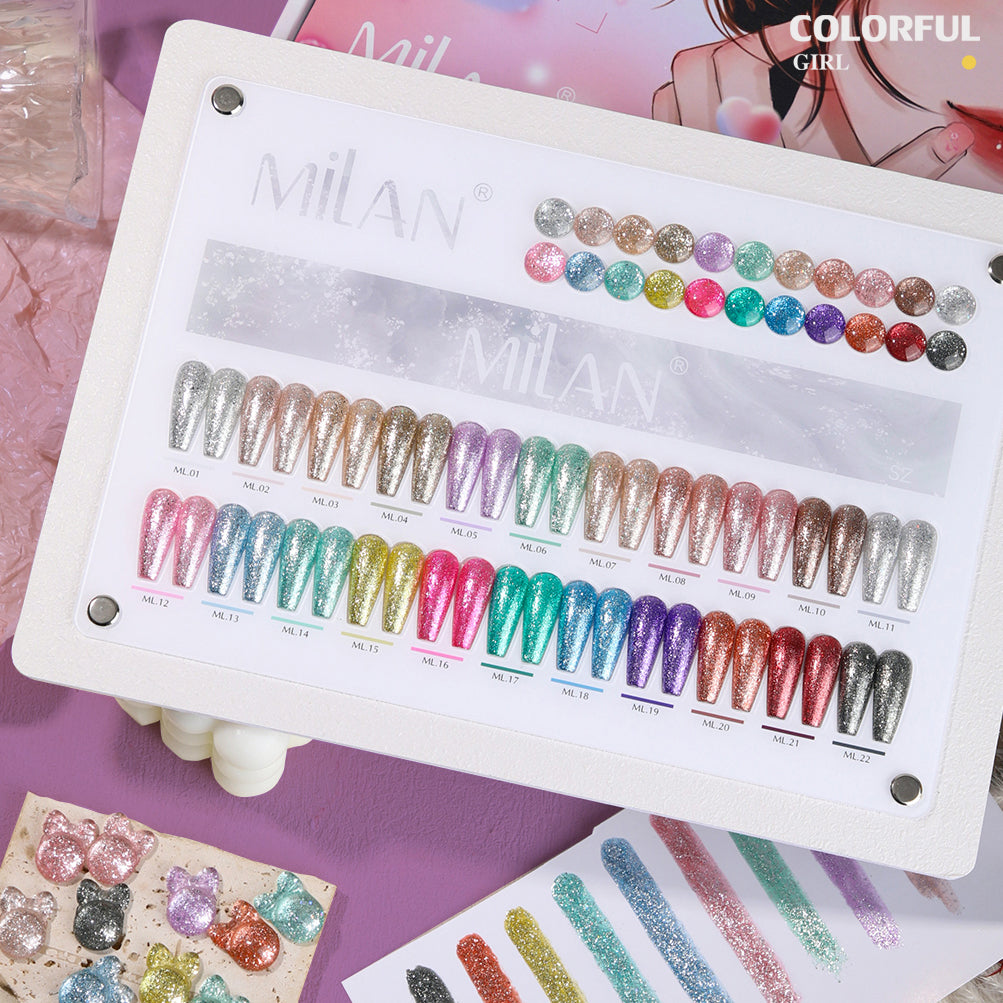 Milan 22สี สีเจลแฟลชกลิตเตอร์ แพลตติมันแฟลช+ประกายออโรร่า กากเพชรชัด ฟรีชาร์ทสี