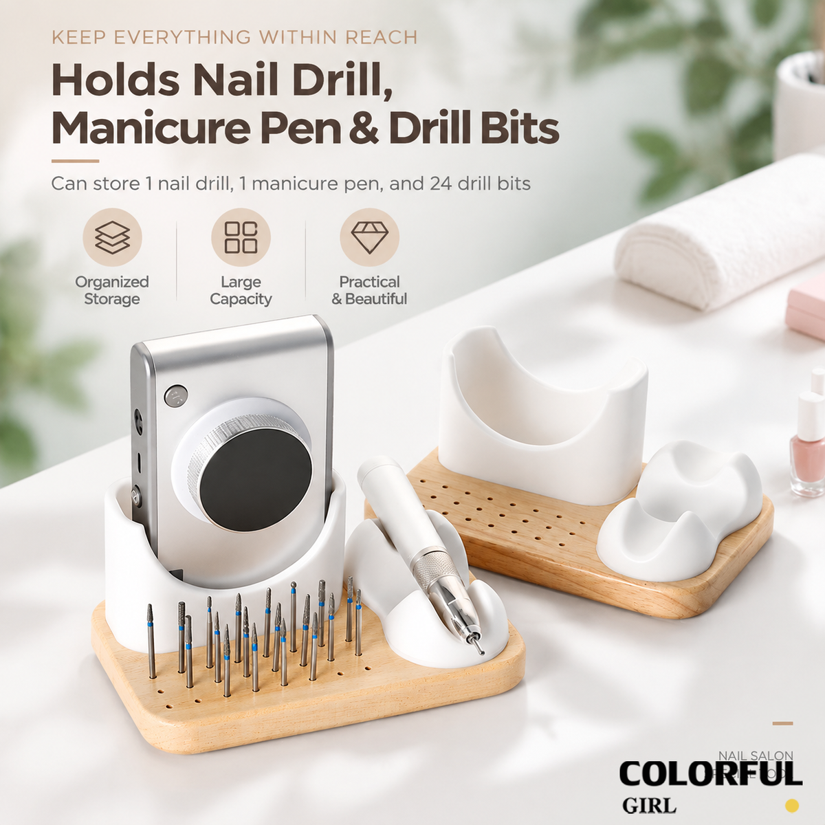 ชั้นวางเครื่องเจียรเล็บไม้แท้|Nail Drill Organizer ที่เก็บเครื่องเจียรเล็บ ตัวเครื่อง+ด้ามจับ+หัวเจียร 24 ช่อง|กล่องจัดระเบียบอุปกรณ์ทำเล็บแบบหลายช่อง|อุปกรณ์แต่งเล็บสำหรับร้านทำเล็บและช่างมืออาชีพ