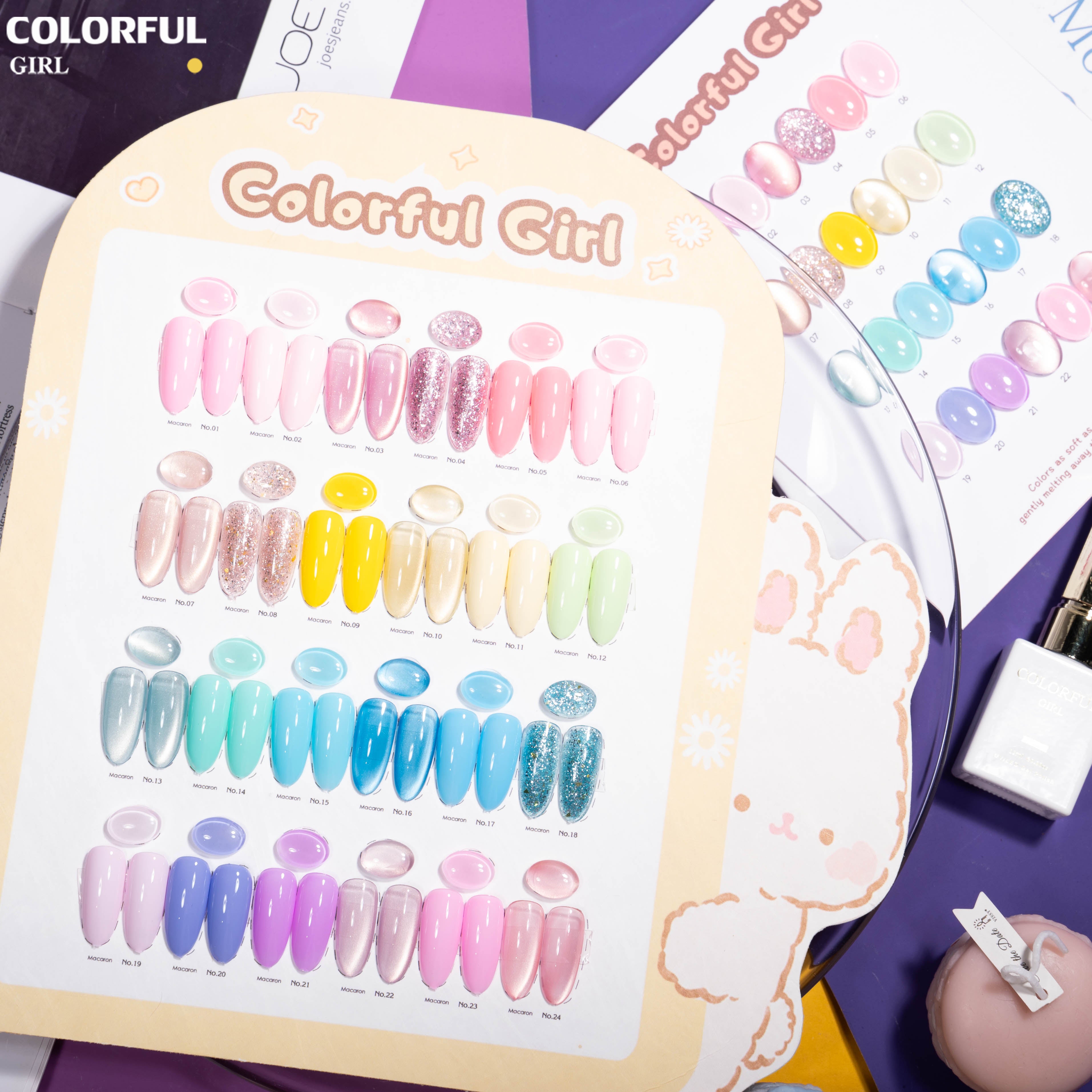 COLORFUL GIRL 24 สี โทนมาคารอง ✨|เจลสีพื้น + เจลกลิตเตอร์ + เจลแคทอาย|ฟีลนุ่มละมุนเหมือนครีม|โทนสีหวานสไตล์สาวน่ารัก|พลังความสดใสแบบสาวคิวท์ 💅
