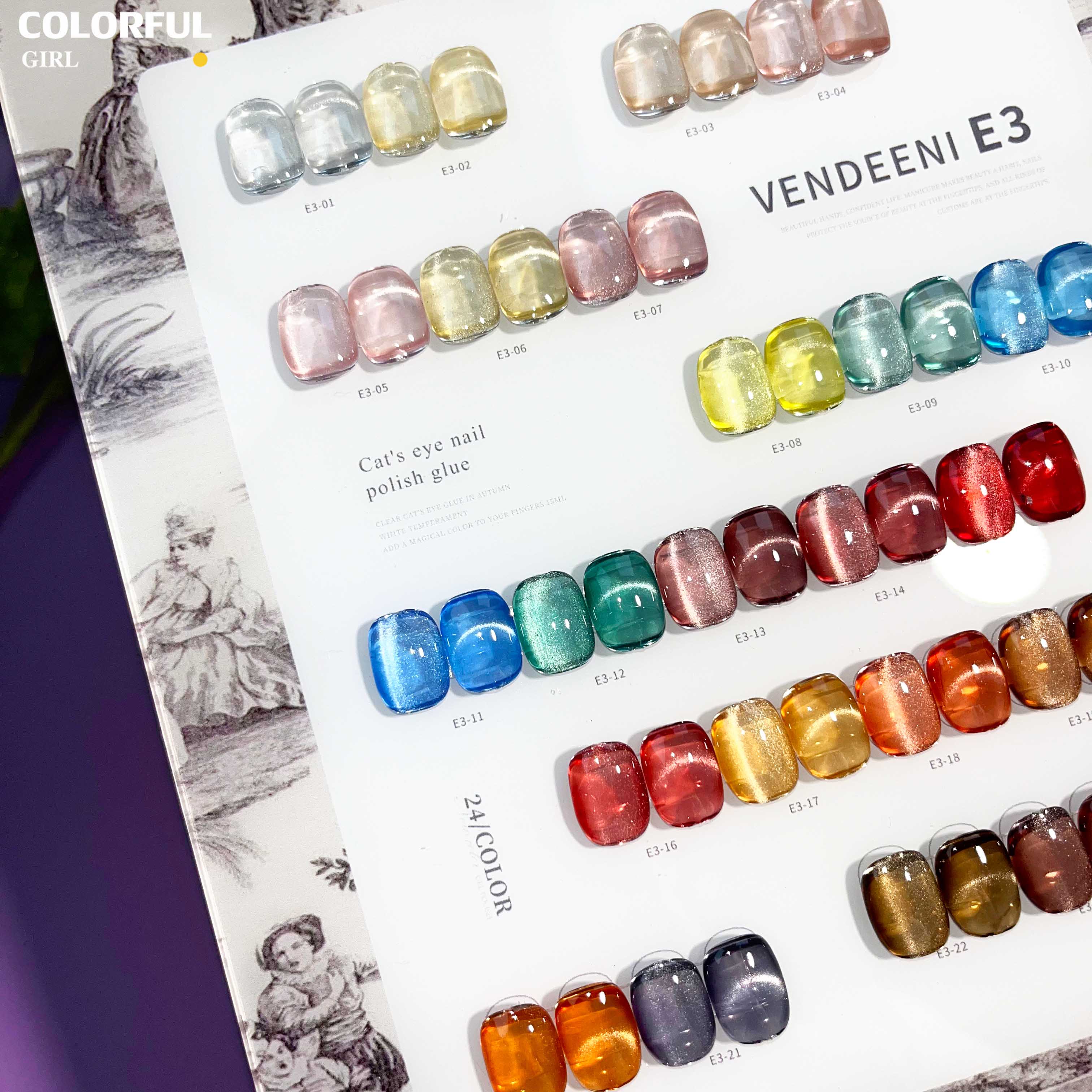 VENDEENI E-3 เจลทาเล็บแคทอาย 24 สี สีลูกแก้วแคทอาย ฟรีชาร์ทสี