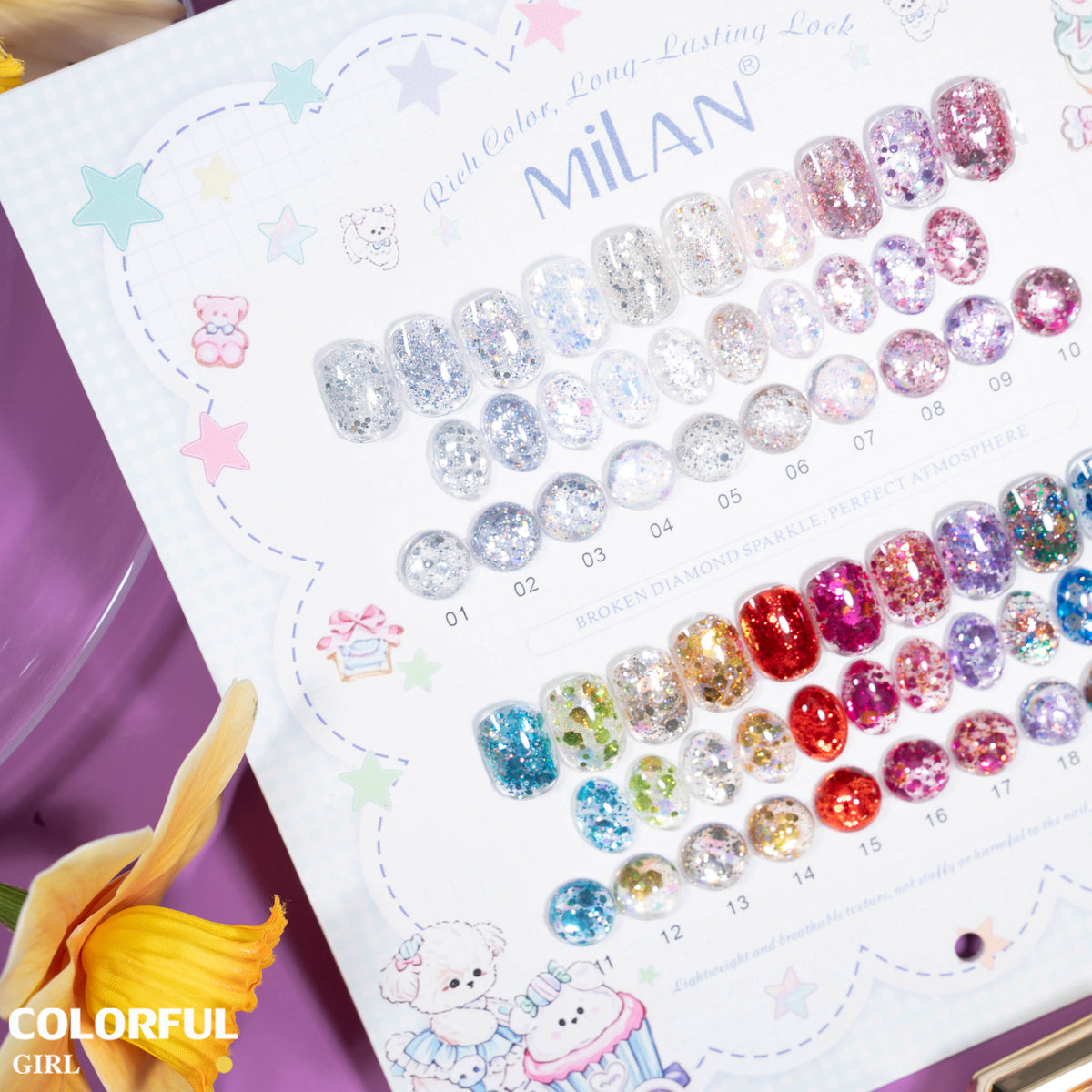 "เจลเล็บ MILAN 20 สี | สีเจลกลิตเตอร์วิบวับจัดเต็ม | วิ้งกระแทกตา เล่นแสงสุดปัง | ทาแล้วดูแพงทันที 💎(ทามาให้แล้ว พร้อมใช้งาน) สีเจลกลิตเตอร์เนื้อแน่น | "