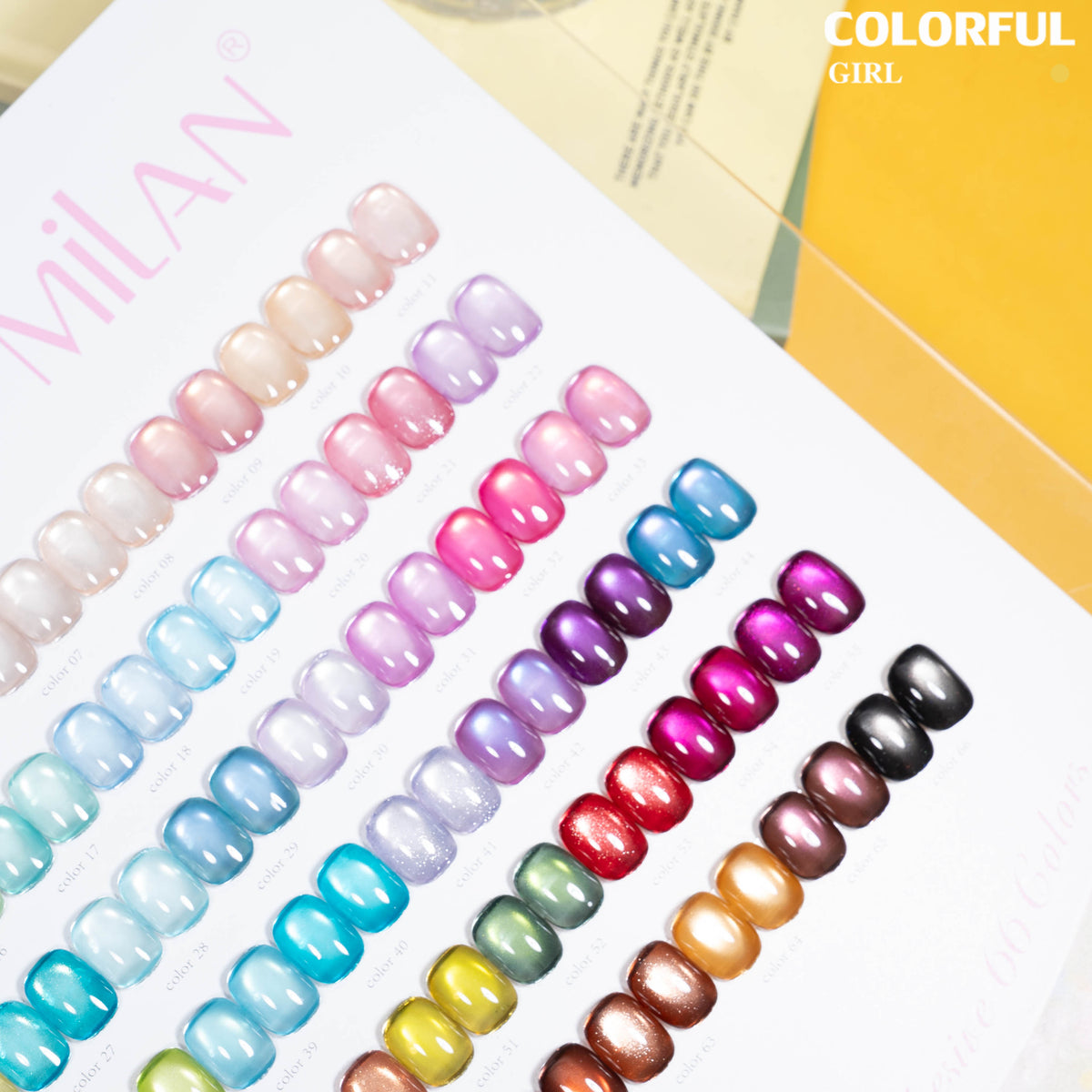 【พร้อมส่ง】MILAN 66 สี ✨ สีเจลแคทอายเนื้อซาติน + สีเจลแคทอายลูกแก้ว ครบเซ็ต 60 สี สีสวยแน่นชัด ติดทนนาน เงางามประกายหรูหรา เหมาะสำหรับร้านทำเล็บมืออาชีพและใช้ส่วนตัว แถมฟรีชาร์ทสี Cat Eye 66 สี (ทามาให้แล้ว พร้อมใช้งาน)