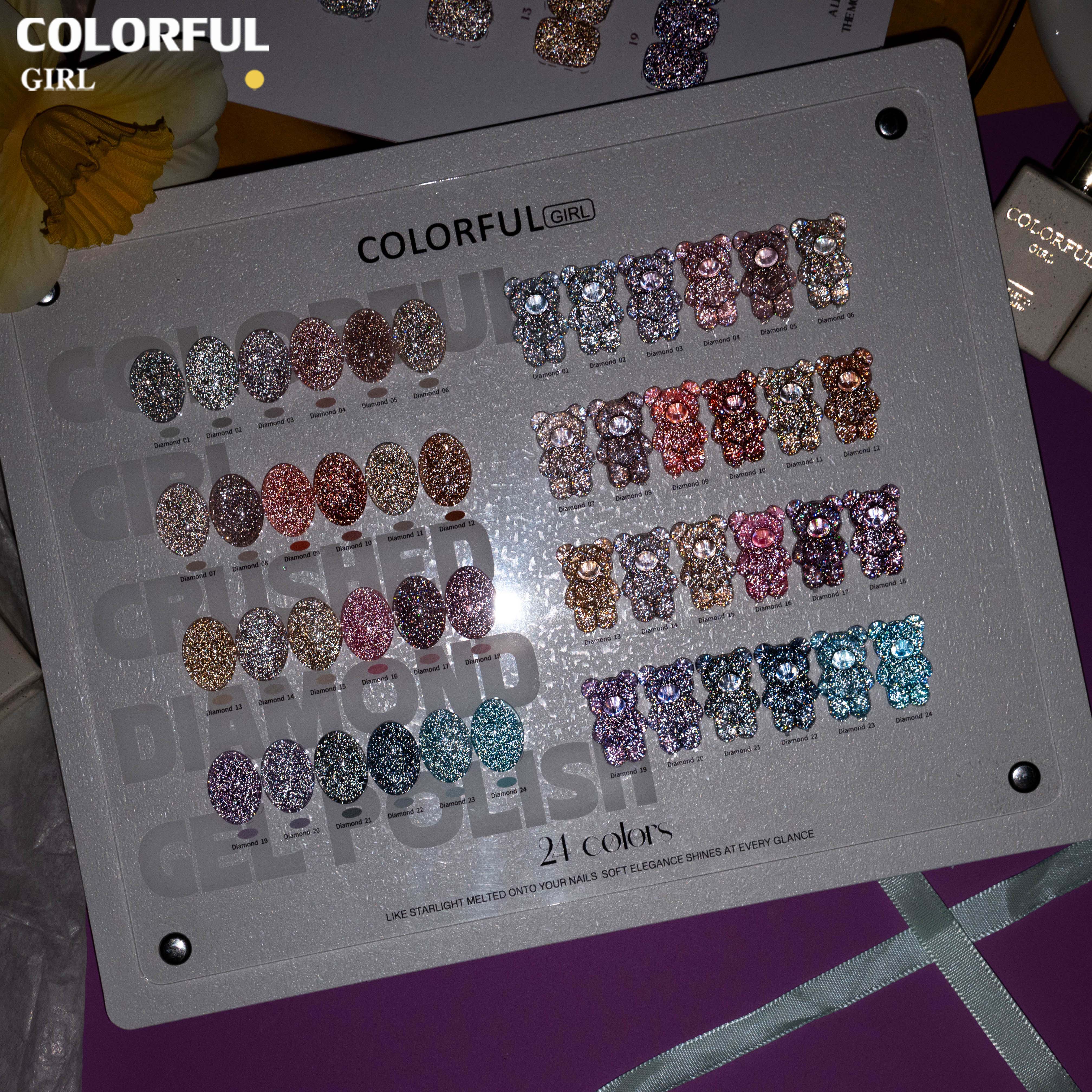 COLORFUL GIRL 24 สีเจลแฟลช ✨ พาเลทสีเล็บกลิตเตอร์เพชร|ฟีลลูกแก้วมุกฉ่ำวาว|โทนสีเล็บประกายแสงเหมือนทางช้างเผือก|อุปกรณ์ทำเล็บมืออาชีพ💅