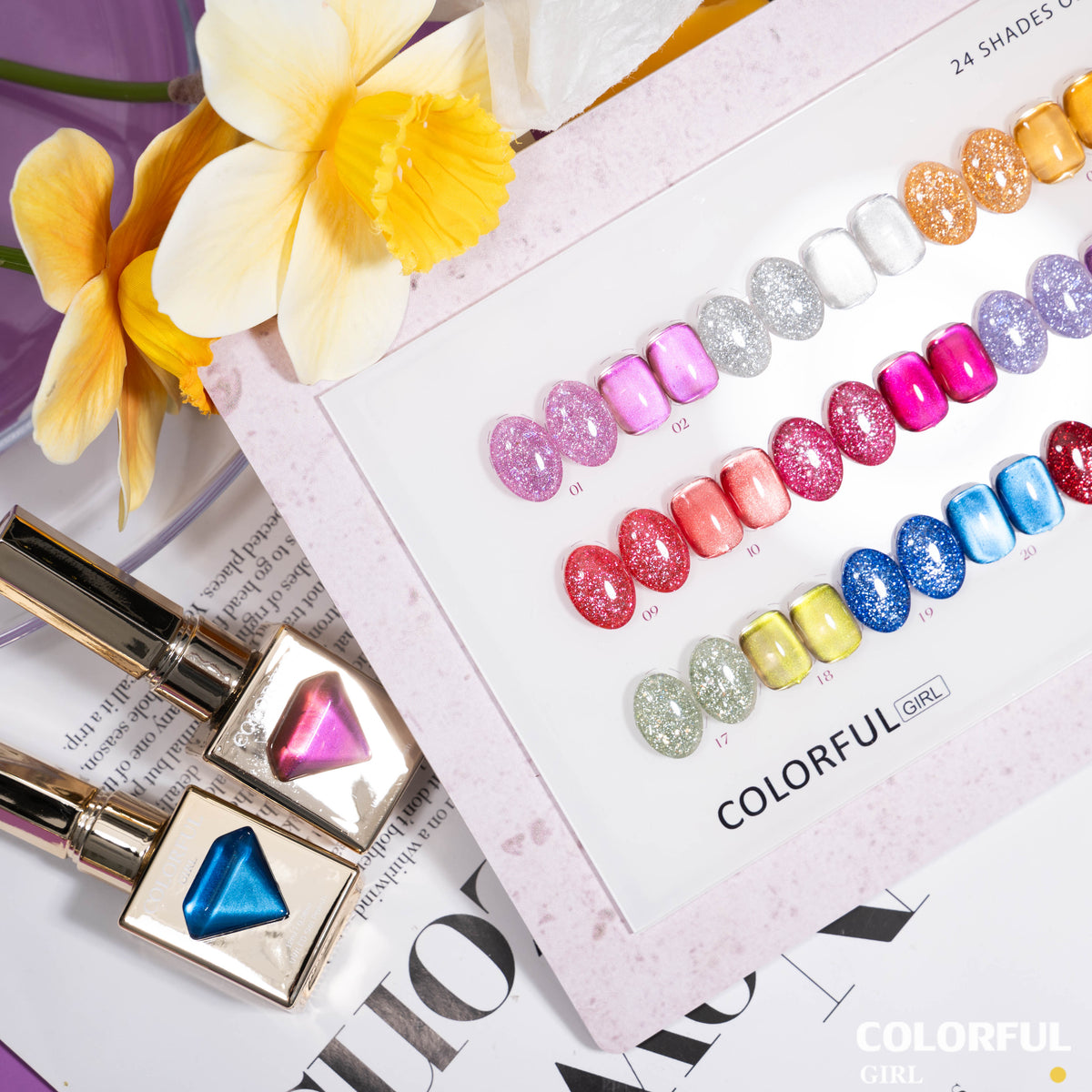 【พร้อมส่ง】Colorful Girl สีเจลแฟลชและสีเจลแคทอาย 24 สี . เจลลูกแก้วสะท้อนแสง กากเพชรวิบวับ เล่นแสงสวย สีทาเล็บเจล อบด้วยไฟ UV/LED เลือกสีได้ (พร้อมใช้งาน) ✨