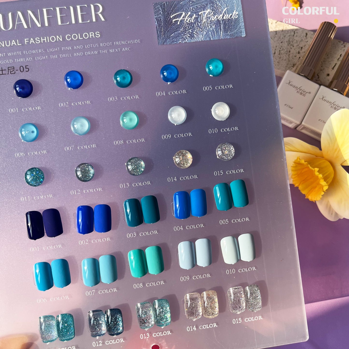 【พร้อมส่ง】Xuanfeier15สี สีเจลกลิซเตอร์+สีเจลสีพื้น 15 สี แถม ชาร์ทสี(XUANFEIER)