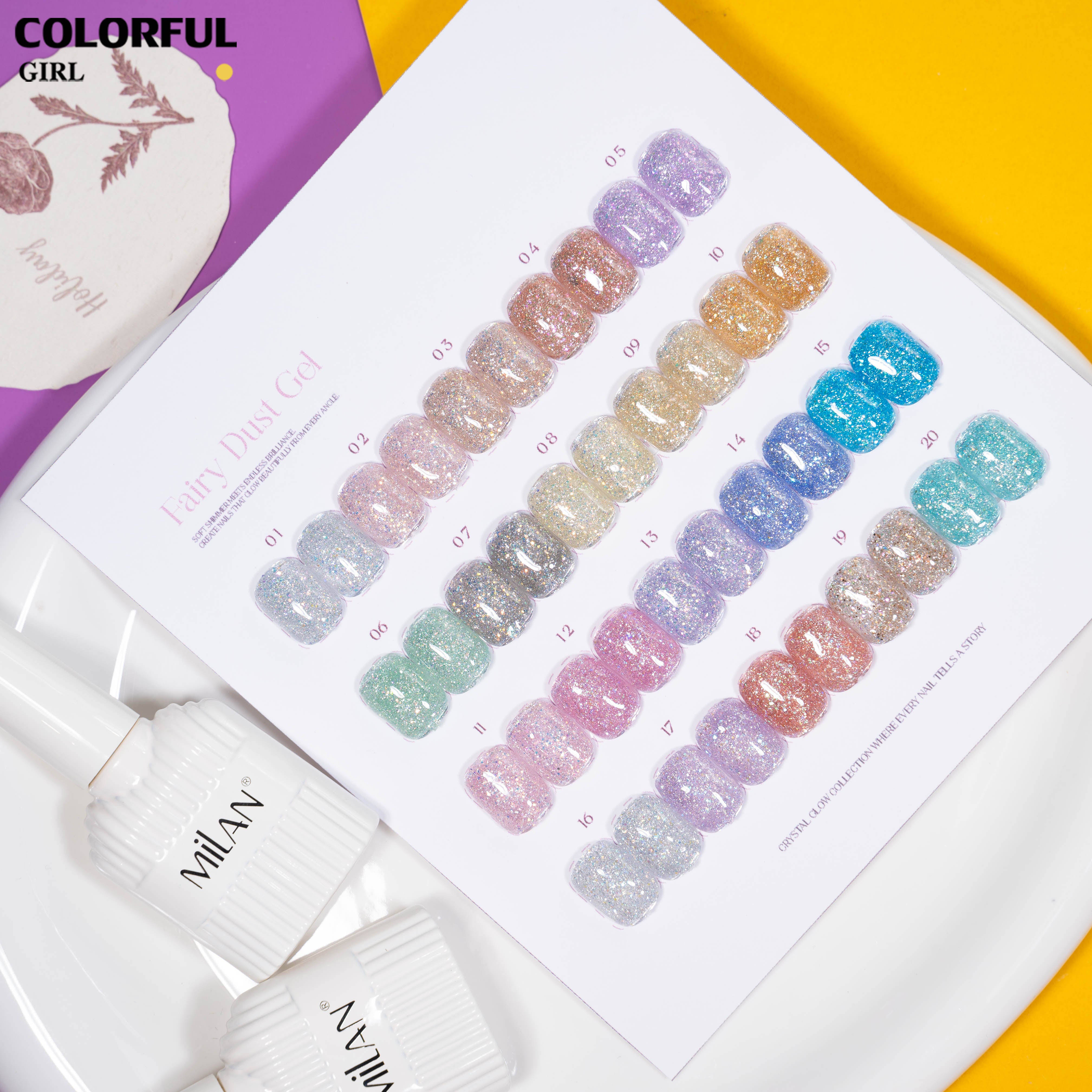 MILAN เจลกลิตเตอร์ประกายเพชร 20 สี ✨|เอฟเฟกต์กลิตเตอร์ละเอียดเหมือนเพชร|กลางวันเป็นประกายระยิบระยับ|กลางคืนเล่นแสงสวยเหมือนเพชร|เจลทาเล็บเจลลุคหรู|มีชาร์ทสีสำเร็จรูป พร้อมใช้งาน