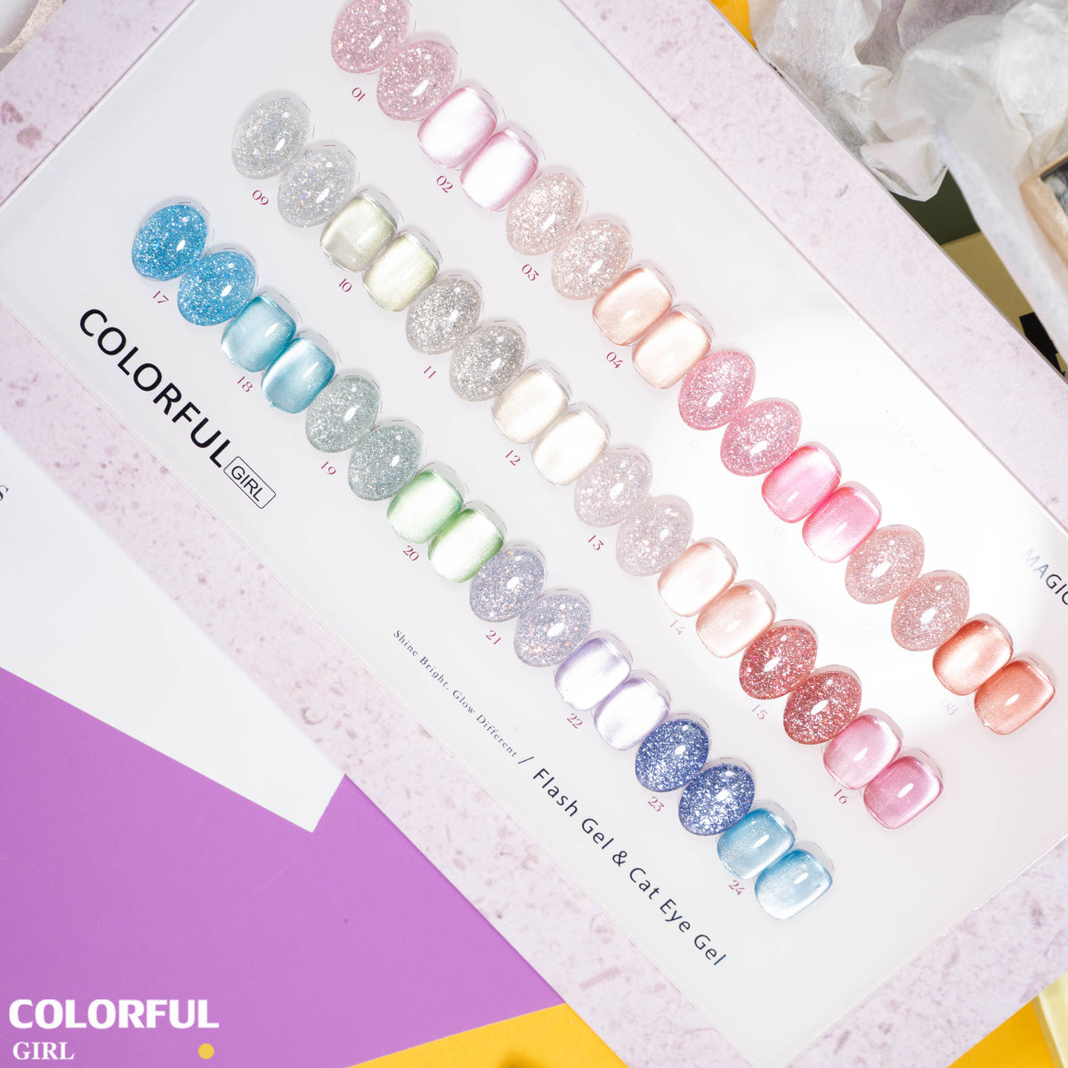 【พร้อมส่ง】Colorful Girl สีเจลแฟลชและสีเจลแคทอาย 24 สี . เจลลูกแก้วสะท้อนแสง กากเพชรวิบวับ เล่นแสงสวย สีทาเล็บเจล อบด้วยไฟ UV/LED เลือกสีได้ (พร้อมใช้งาน) ✨