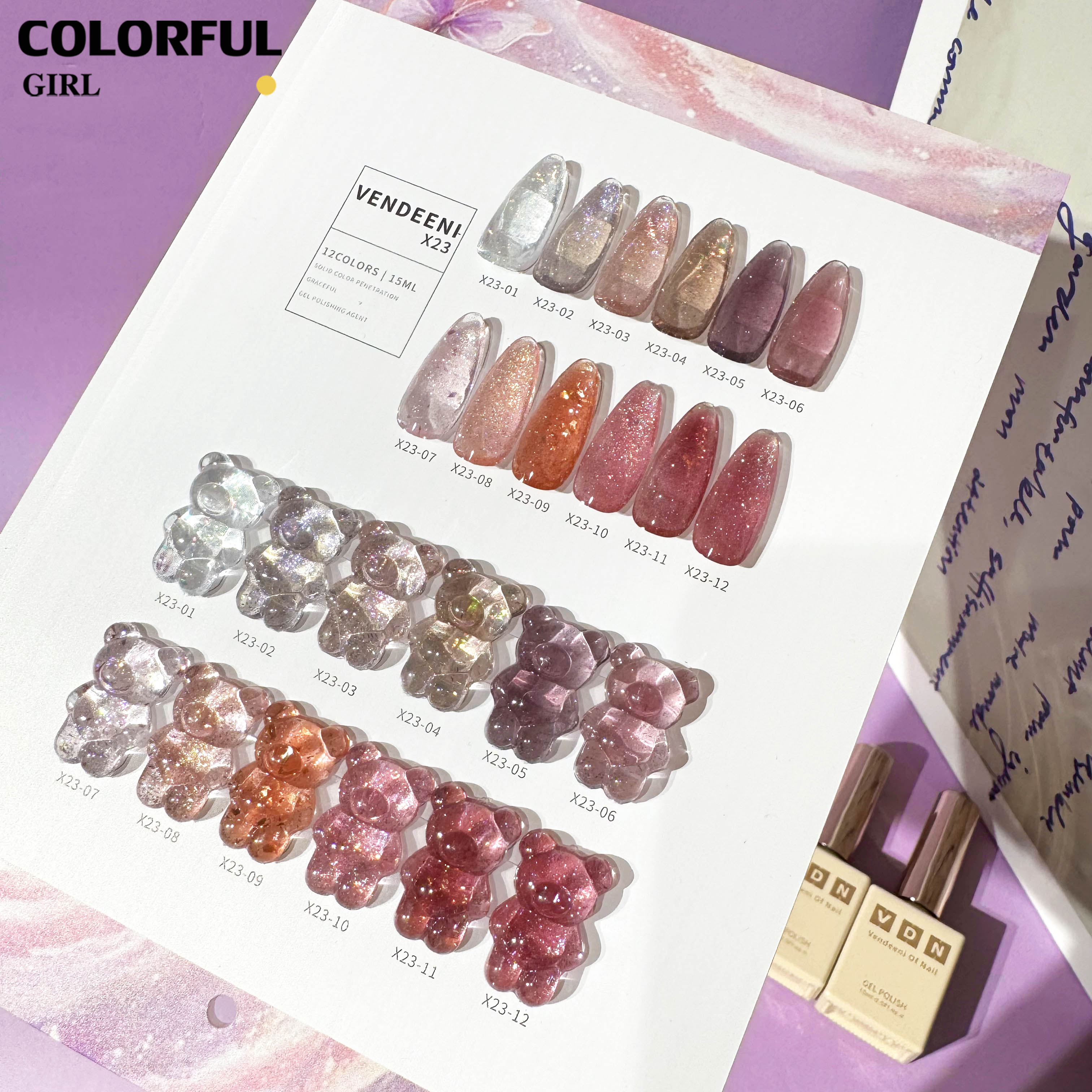 VENDEENI VDN-X23 สีเจลแฟลช 12 สี ✨ สีสวยระยิบระยับ เม็ดสีแน่นชัด แถมฟรีชาร์จสี