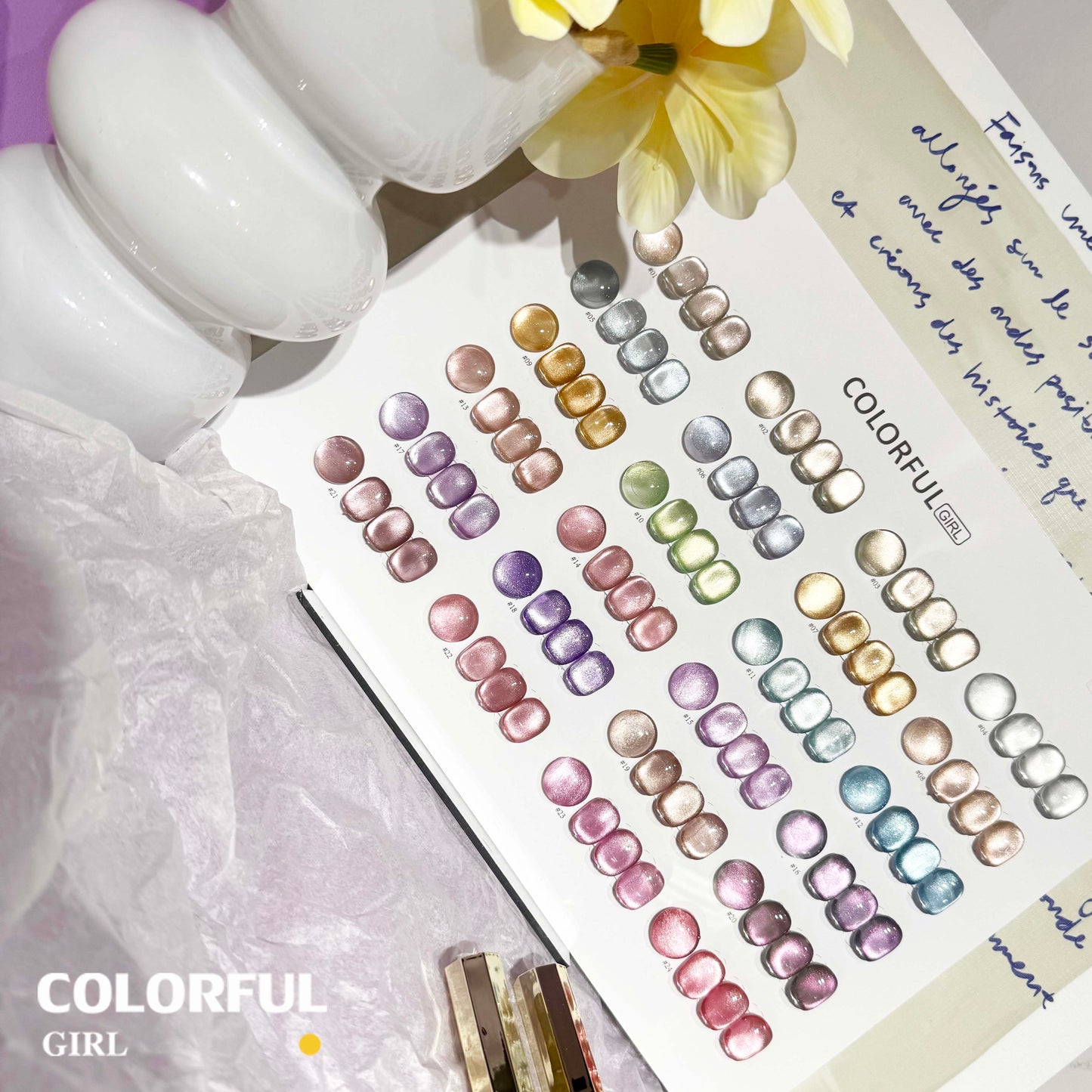 【พร้อมส่ง】Colorful Girl เซต 24 สีเจลแคทอาย ซาตินมุก✨ สีลูกแก้วสุดหรู แถมชาร์ทสี (ทาให้แล้ว) เม็ดสีแน่น สีสวย เงางามติดทนนาน💅