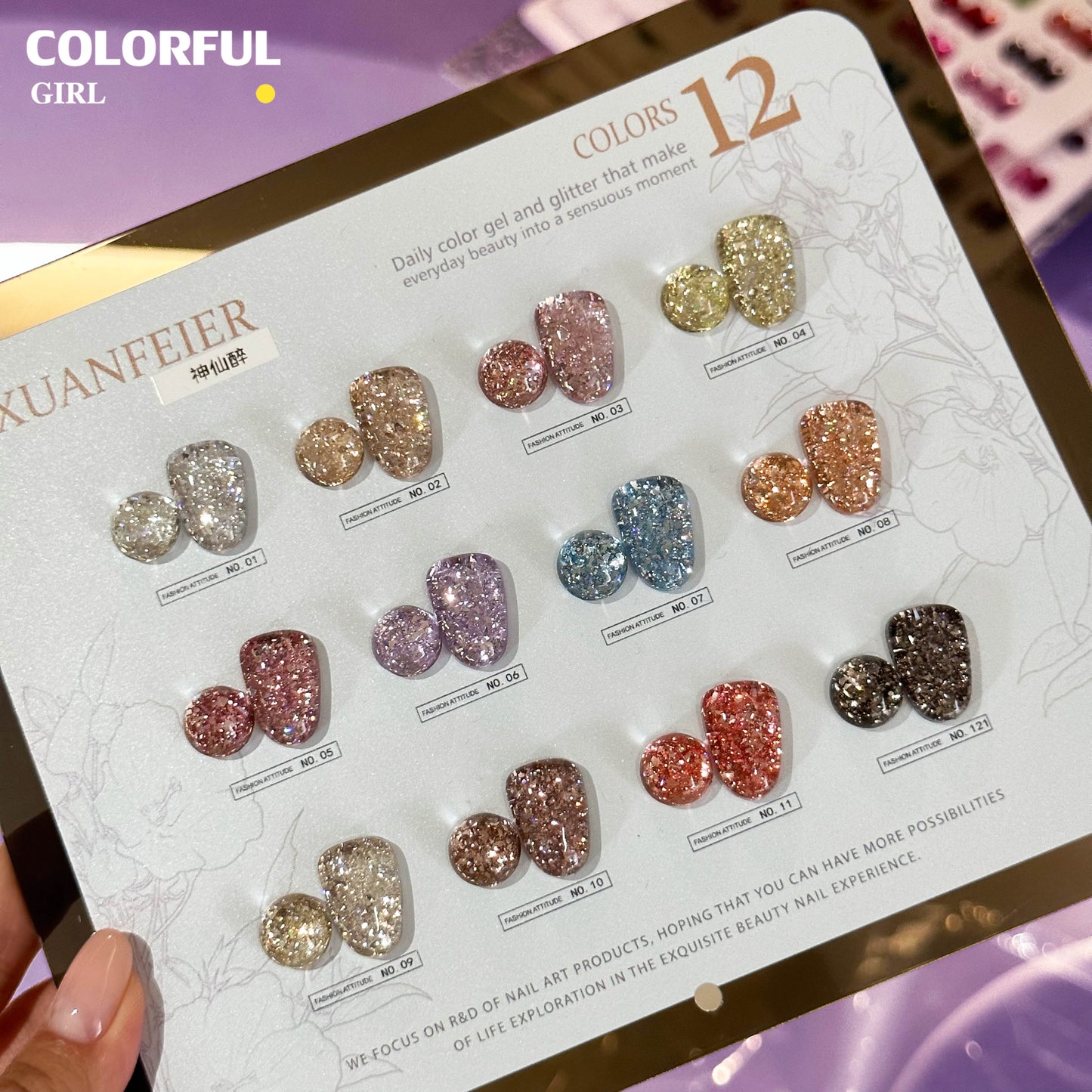 【พร้อมส่ง】สสีเจล XUANFEIER สีกากเพชร+เลเซอร์แฟลช 12 สี แถม ชาร์ทสี(XUANFEIER ) สีเจลแฟลช ฟรีชาร์ทสี