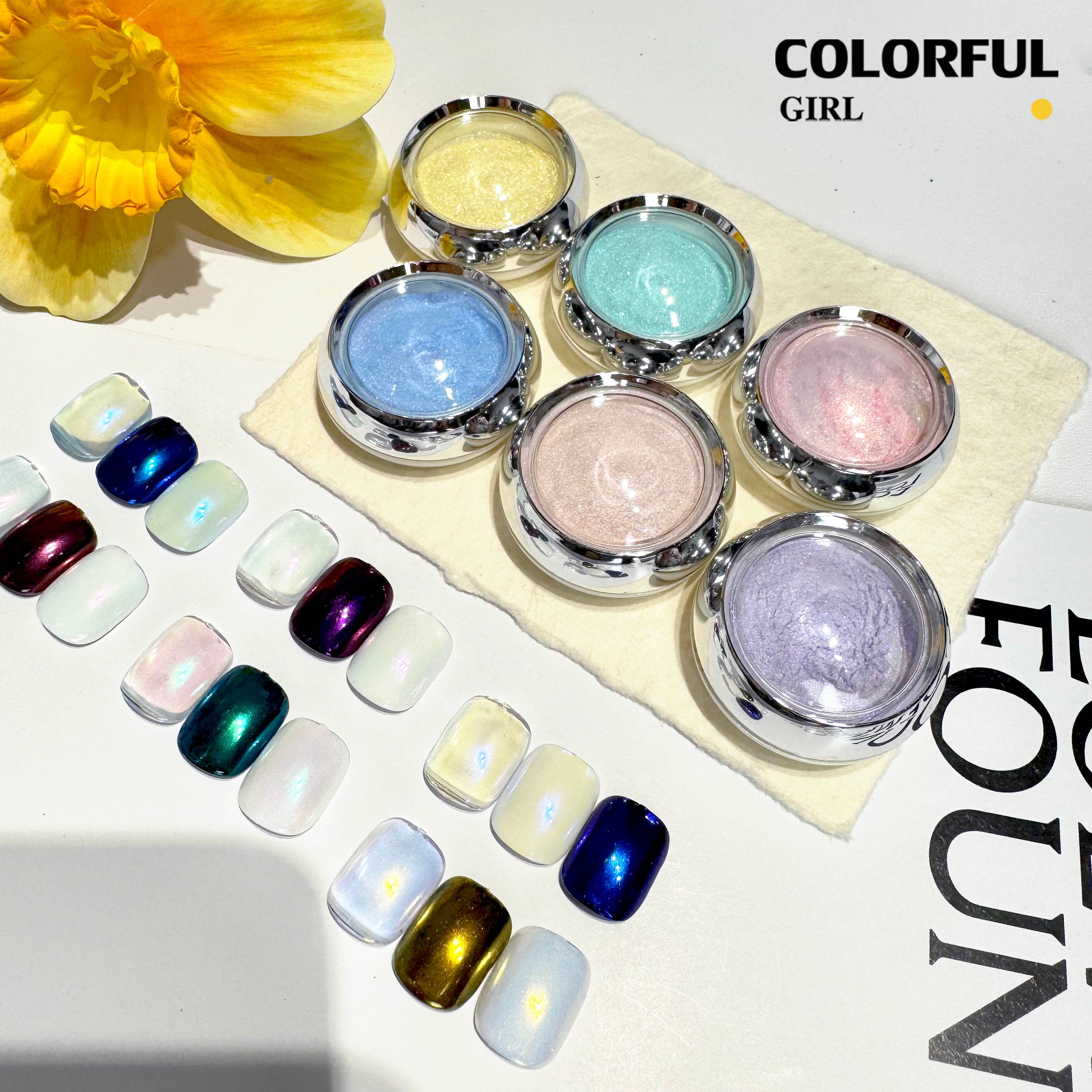 Aurora ผงขัดออโรร่า 6 สี สีโฮโรแกรม สีแต่งเล็บ ผงมุก ผงกระจก นีออน 6 ขวด/ชุด แถมแปรงขัด