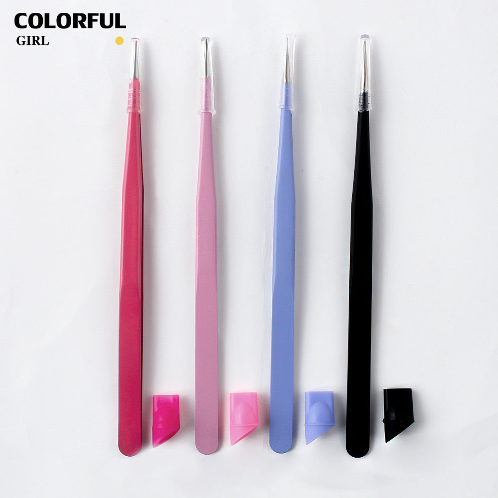 (4สี)พร้อมส่ง แหนบตรง พร้อมหัวกดซิลิโคน เลือกอัญมณี พลอยเทียม สําหรับตกแต่งเล็บ tweezers