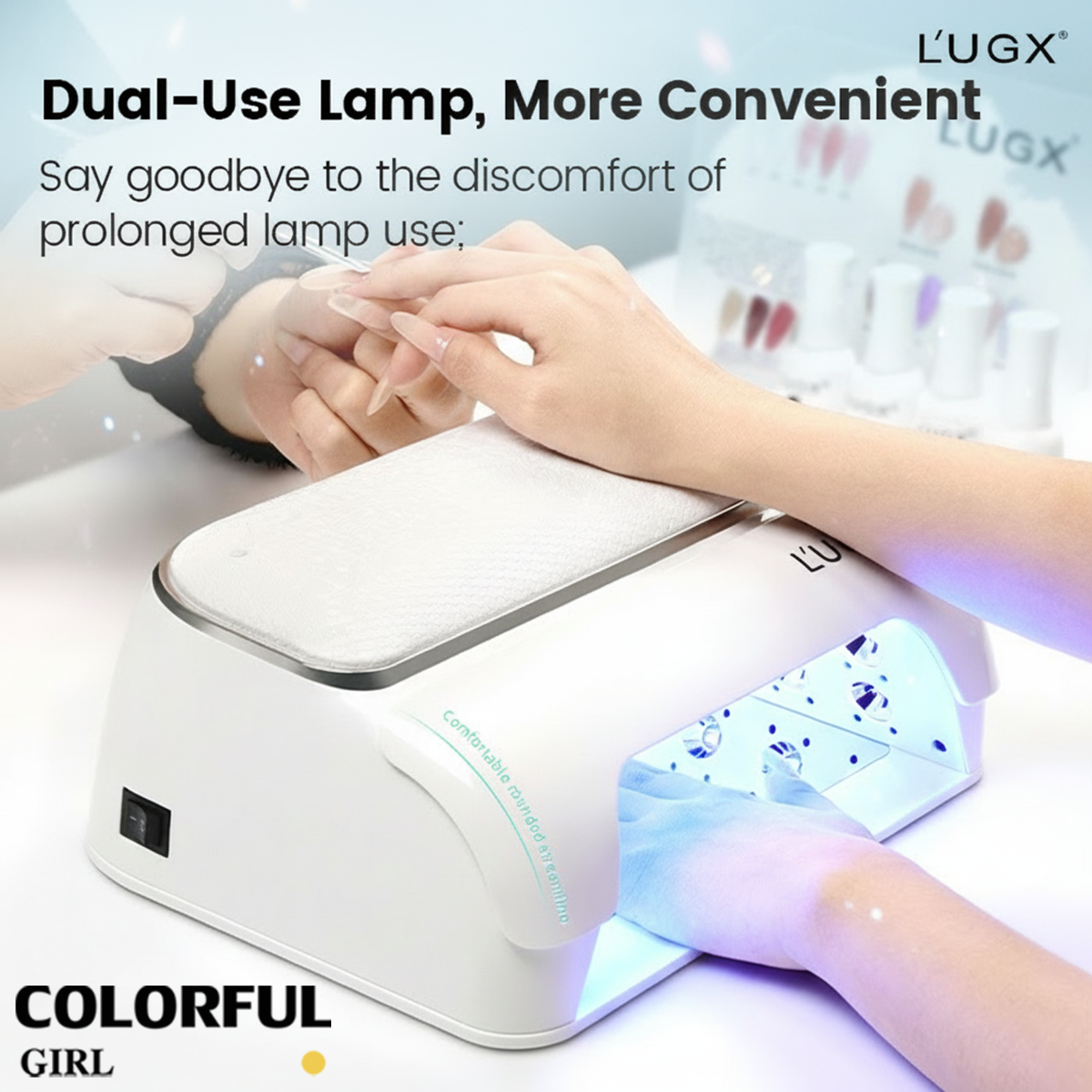 L’UGX LG802 / LG802S เครื่องอบเล็บ UV LED ดีไซน์ปกป้องสายตา พร้อมเบาะรองมือในตัว ถนอมผิว ไม่ทำให้มือดำ ถอดฐานได้ มีให้เลือกทั้งรุ่นชาร์จไฟ / รุ่นเสียบปลั๊ก