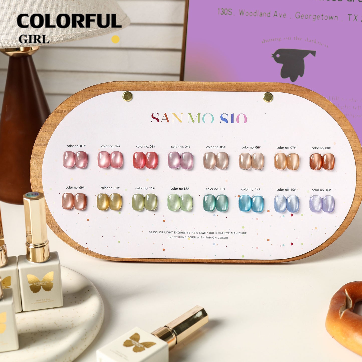 【พร้อมส่ง】16สี เจลหินอ่อนสีรุ้ง   สีเจลแคทอายเนื้อซาติน  สีเจลแคทอาย SANMO สี ( SANMO) สีเจล16สี   แถม ชาร์ทสี