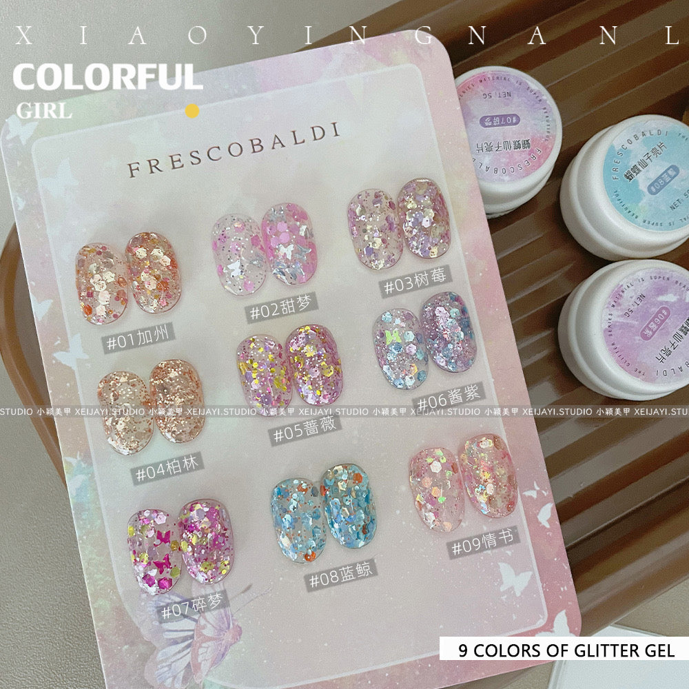 พร้อมส่ง เจลทาเล็บ Butterfly Fairy Series 9 สีเลื่อมวัสดุกาวเล็บ 5g กาวส่องไฟกระป๋อง Super Flash เลื่อมขนาดใหญ่ล้างฟรี Soaking ยาทาเล็บกาว