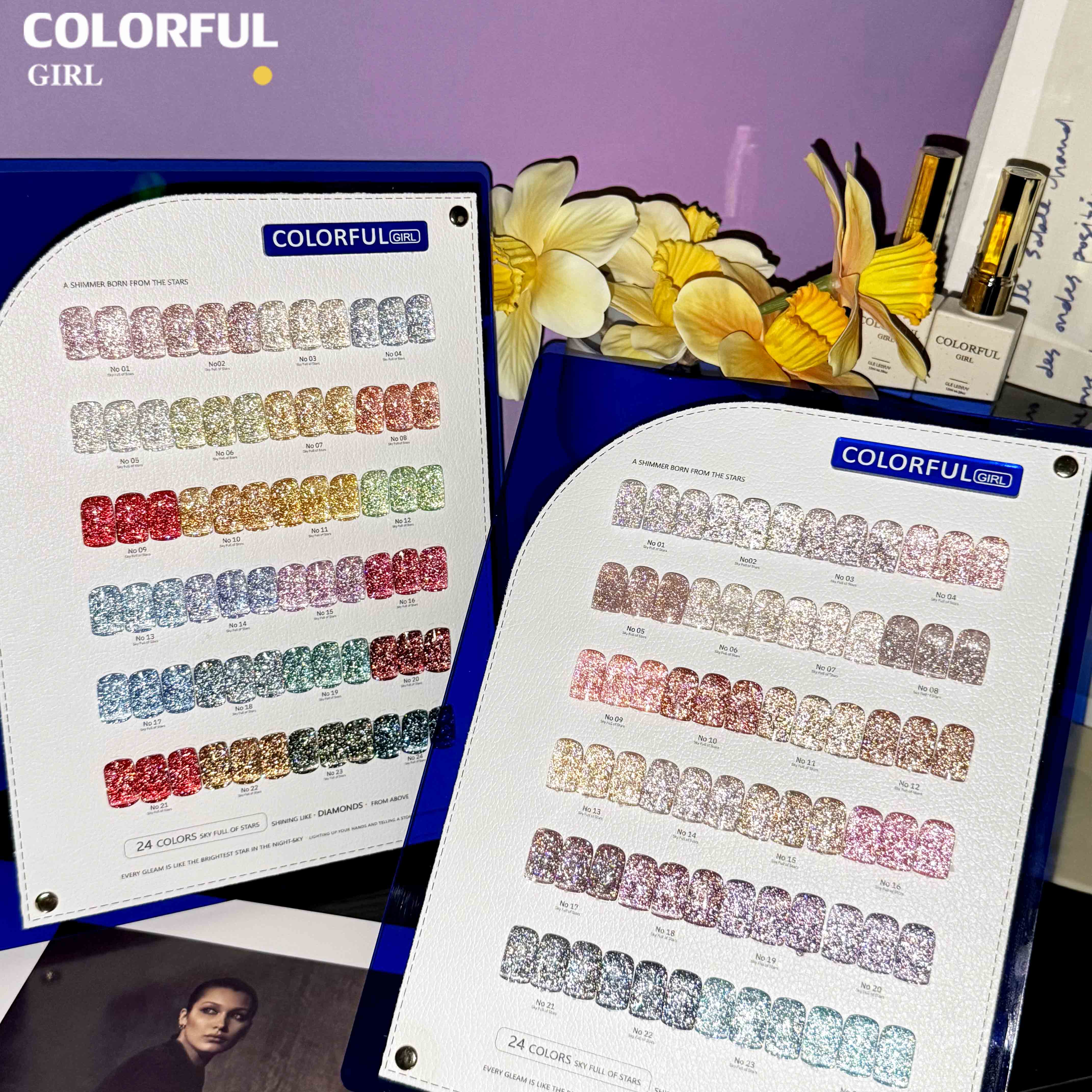 Colorful Girl สีเจลแฟลช 24 สี สีแฟลช สีแน่นสวย ประกายเด่นชัด มีให้เลือก 2 โทนสี — โทนเข้ม & โทนอ่อน แถมฟรีชาร์ทสี