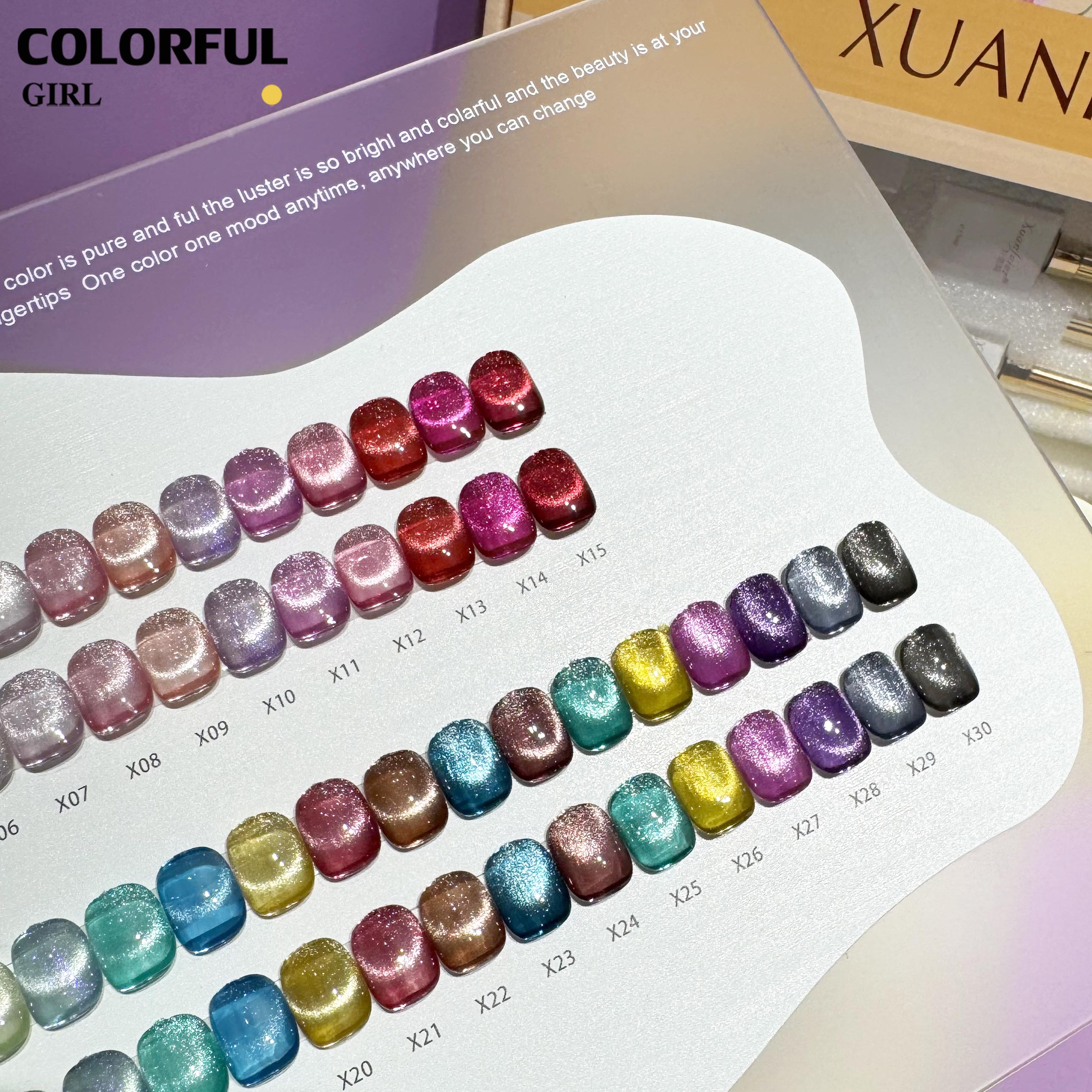 Xuanfeier 30 สี สีลูกแก้ว เอฟเฟกต์มันเงามาก ฟรีชาร์ทสี