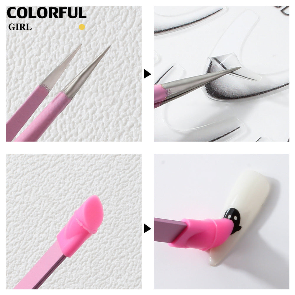 (4สี)พร้อมส่ง แหนบตรง พร้อมหัวกดซิลิโคน เลือกอัญมณี พลอยเทียม สําหรับตกแต่งเล็บ tweezers