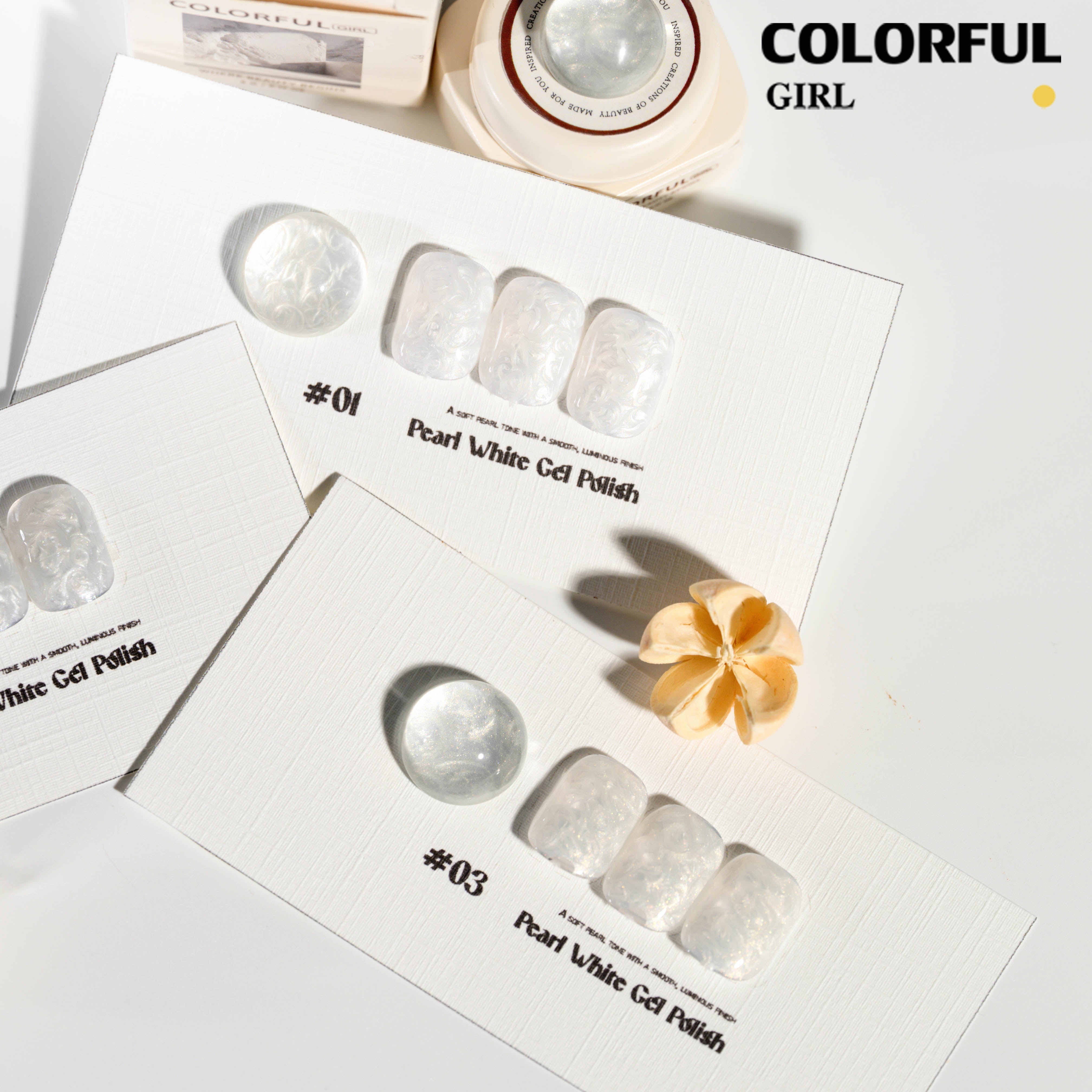 Colorful Girl Nail สีเจลมุก (ขาว / เงิน / ทอง) ปริมาณ 5 กรัม / เนื้อเจลข้น ช่วยให้ลวดลายชัดเจนยิ่งขึ้น สีเจลมุกขาว เหมาะสำหรับทำลายหินอ่อน สีสวย เงาวาว ดูหรูมีมิติ