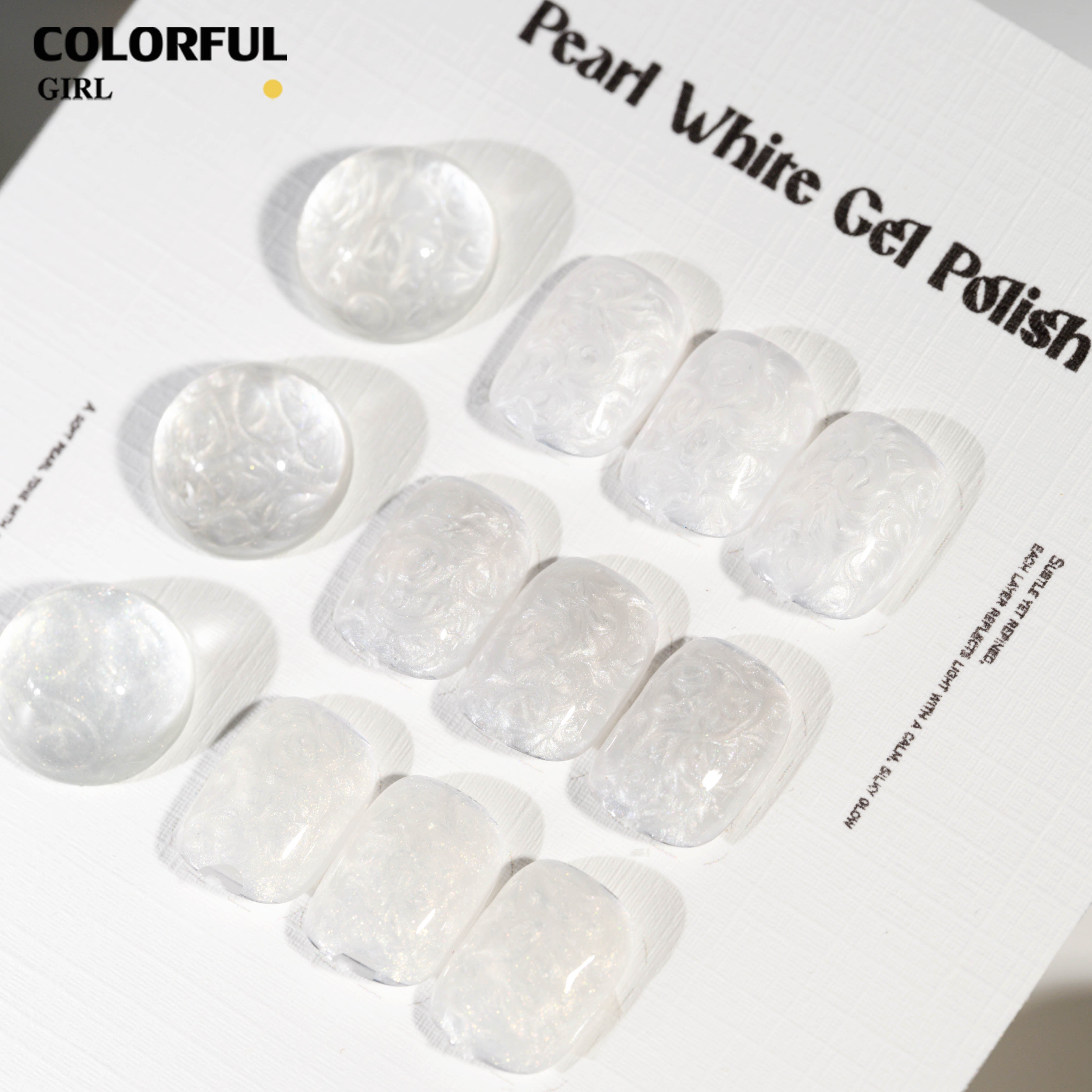 Colorful Girl Nail สีเจลมุก (ขาว / เงิน / ทอง) ปริมาณ 5 กรัม / เนื้อเจลข้น ช่วยให้ลวดลายชัดเจนยิ่งขึ้น สีเจลมุกขาว เหมาะสำหรับทำลายหินอ่อน สีสวย เงาวาว ดูหรูมีมิติ