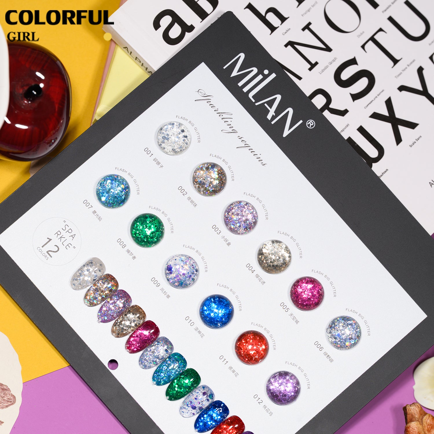 【พร้อมส่ง】สีสีเจล MILANสีกากเพชร สีเจลกลิซเตอร์ 12 สี แถม ชาร์ทสี(milan) สีเจลกลิซเตอร์ สีแฟลช และ สีกากเพชร แบรนด์