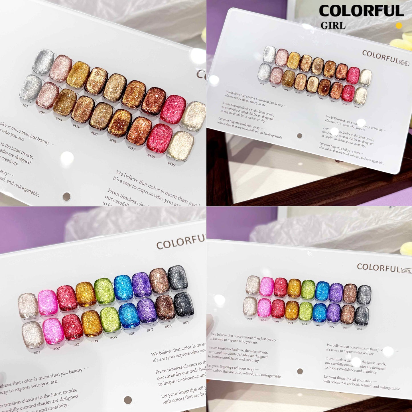 【พร้อมส่ง】 Colorful Girl เซ็ตใหม่ 9 สี! สีเจลแคทอายเนื้อซาติน, สีเจลแฟลช, สีเจลแคทอาย/สีลูกแก้ว เปลือกหอยออโรร่าและกลิตเตอร์แฟลชสุดน่ารัก! แถมชาร์ทสีให้คุณโชว์สีสวยๆ อย่างลงตัว!