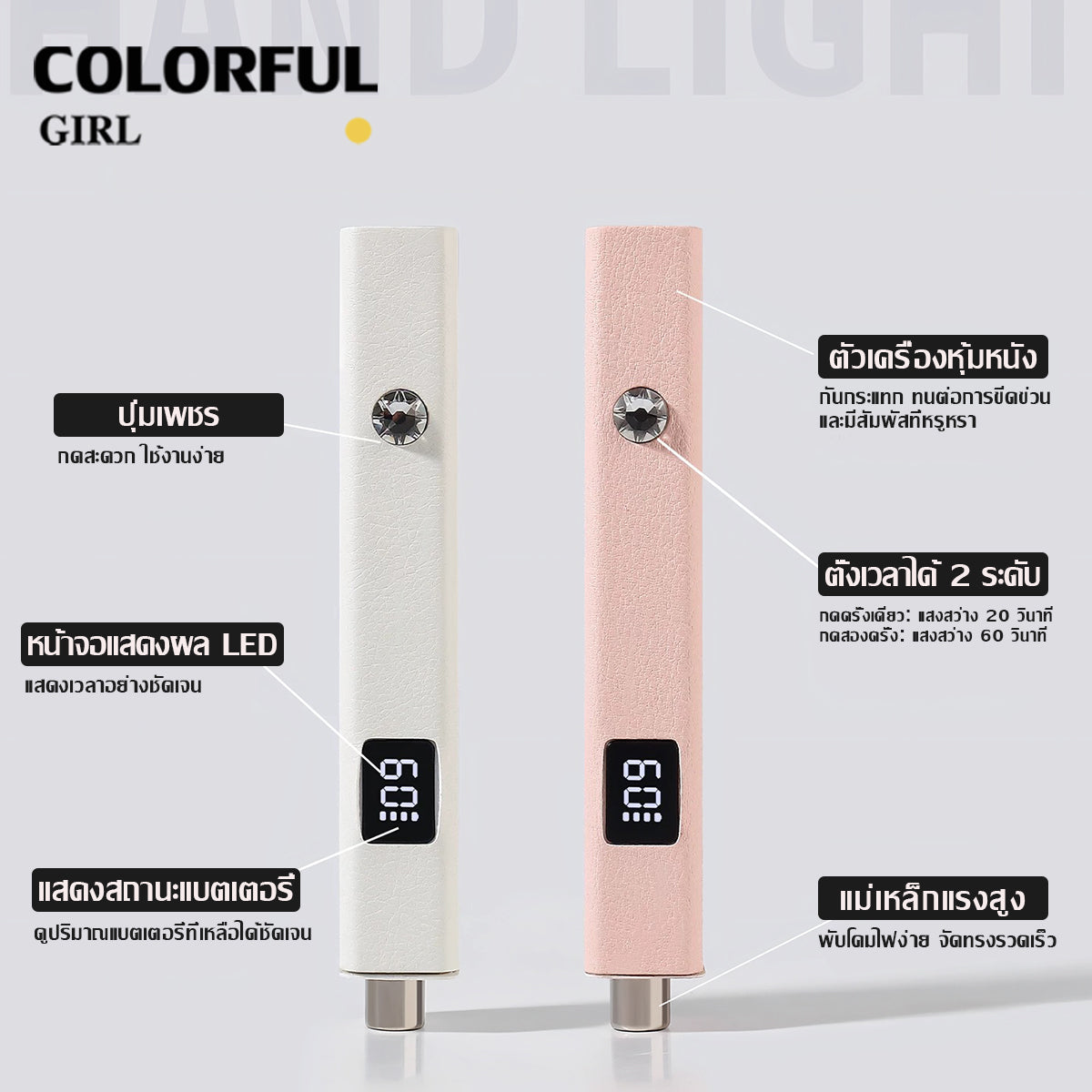 Colorful Girl ไฟล็อคอะไหล่ พร้อมแม่เหล็กดูดแน่น ใช้งานสะดวก ตั้งเวลา 20s/60s แบตฯ 400 mAh 3 W สีขาว / ชมพู / ม่วง