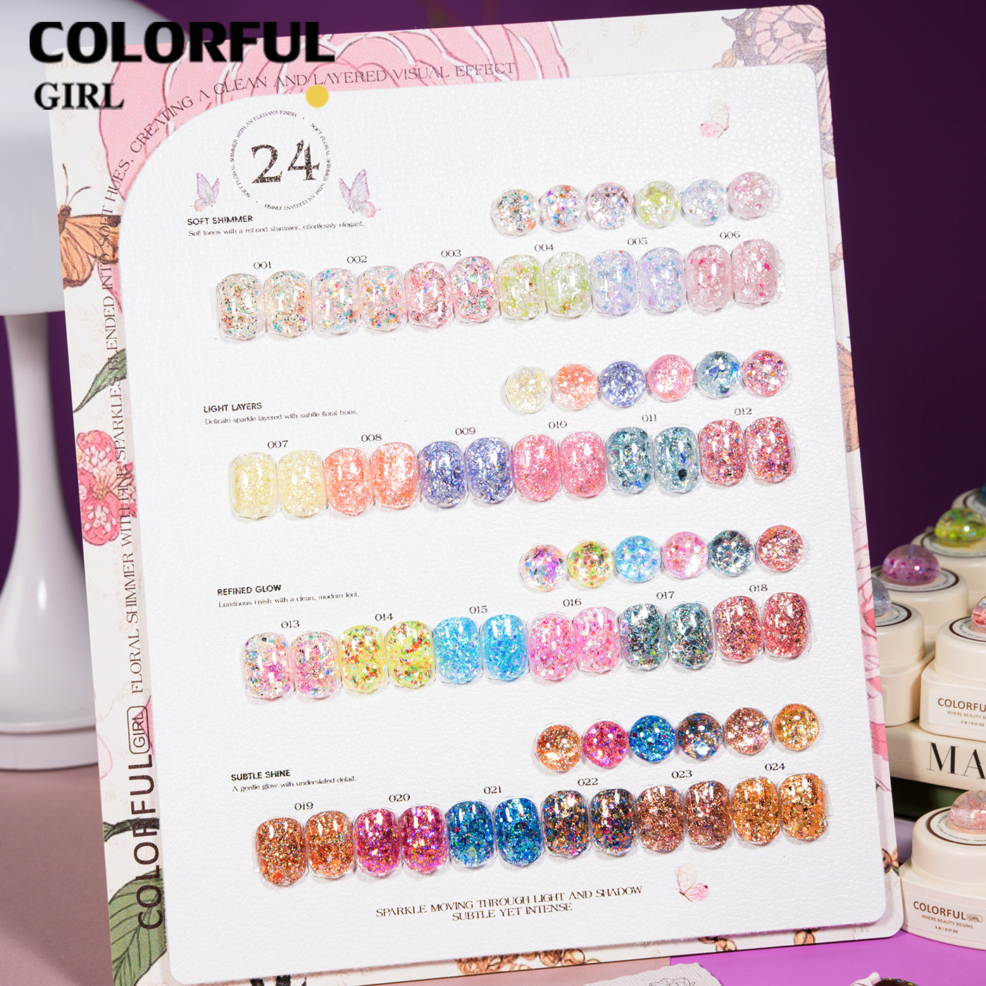 【พร้อมส่ง】เจลเล็บ COLORFUL GIRL 24 สี | สีเจลกลิตเตอร์วิบวับจัดเต็ม |5 กรัม | กลิตเตอร์เนื้อแน่น | แบบกระปุก วิ้งกระแทกตา เล่นแสงสุดปัง | ทาแล้วดูแพงทันที 💎(ทามาให้แล้ว พร้อมใช้งาน) สีเจลกลิตเตอร์เนื้อแน่น |
