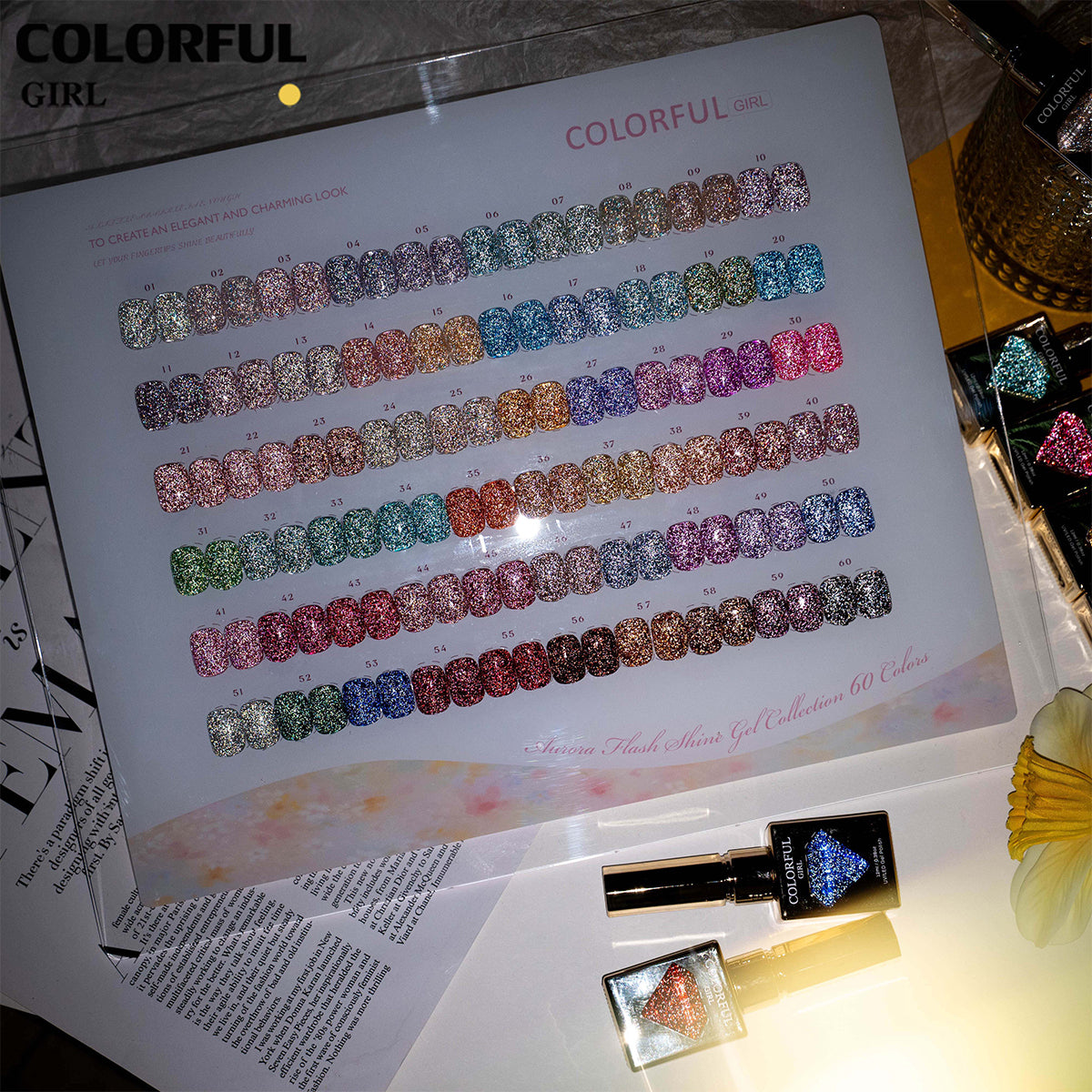 【พร้อมส่ง】Colorful Girl สีเจลแฟลชผสมฟอยล์เงิน 60 สี ชุดใหญ่สำหรับร้านทำเล็บ ประกายวิบวับ เล่นแสงสวย เปล่งประกายแม้อยู่กลางแสงแดด สีครบ ใช้งานระดับมืออาชีพ + ฟรีชาร์ทสี