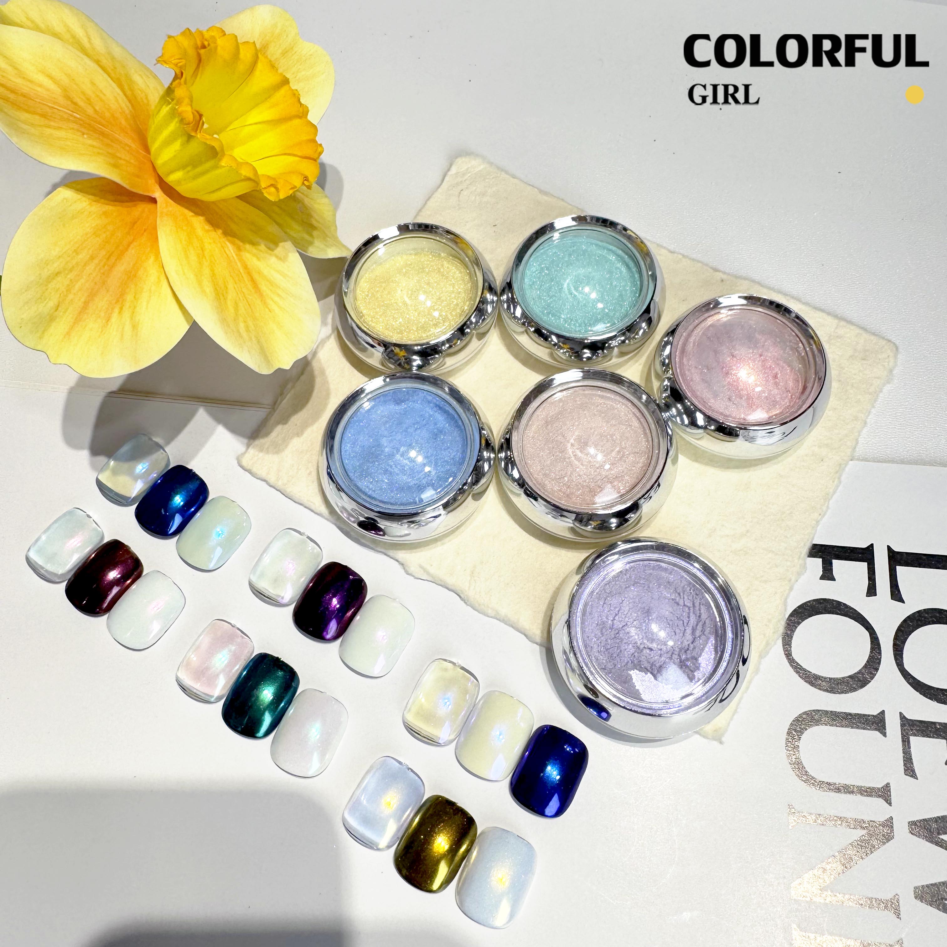 Aurora ผงขัดออโรร่า 6 สี สีโฮโรแกรม สีแต่งเล็บ ผงมุก ผงกระจก นีออน 6 ขวด/ชุด แถมแปรงขัด