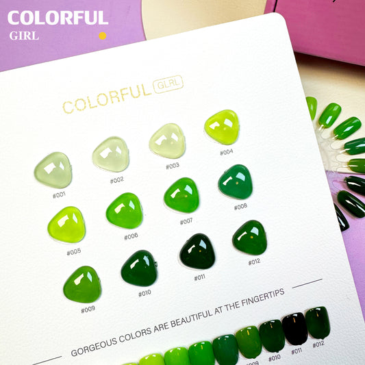 【พร้อมส่ง】 สีทาเล็บเจล Colorful girl สี( Colorful girl) สีเจล ชุดเจลสีเขียว 12สี ชุดเจลสีเขียว  สีเจลสีพื้น+แถมชาทสีฟร