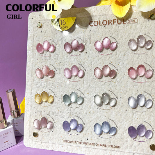 【พร้อมส่ง】Colorful Girl 16 สี เจลแคทอายผิวซาตินมุก เนื้อเจลแคทอาย ซาติน 16 สี สีลูกแก้ว พร้อมแถมชาร์ทสี (ทาให้แล้ว) สีสวย เงางาม เม็ดสีแน่นชัด