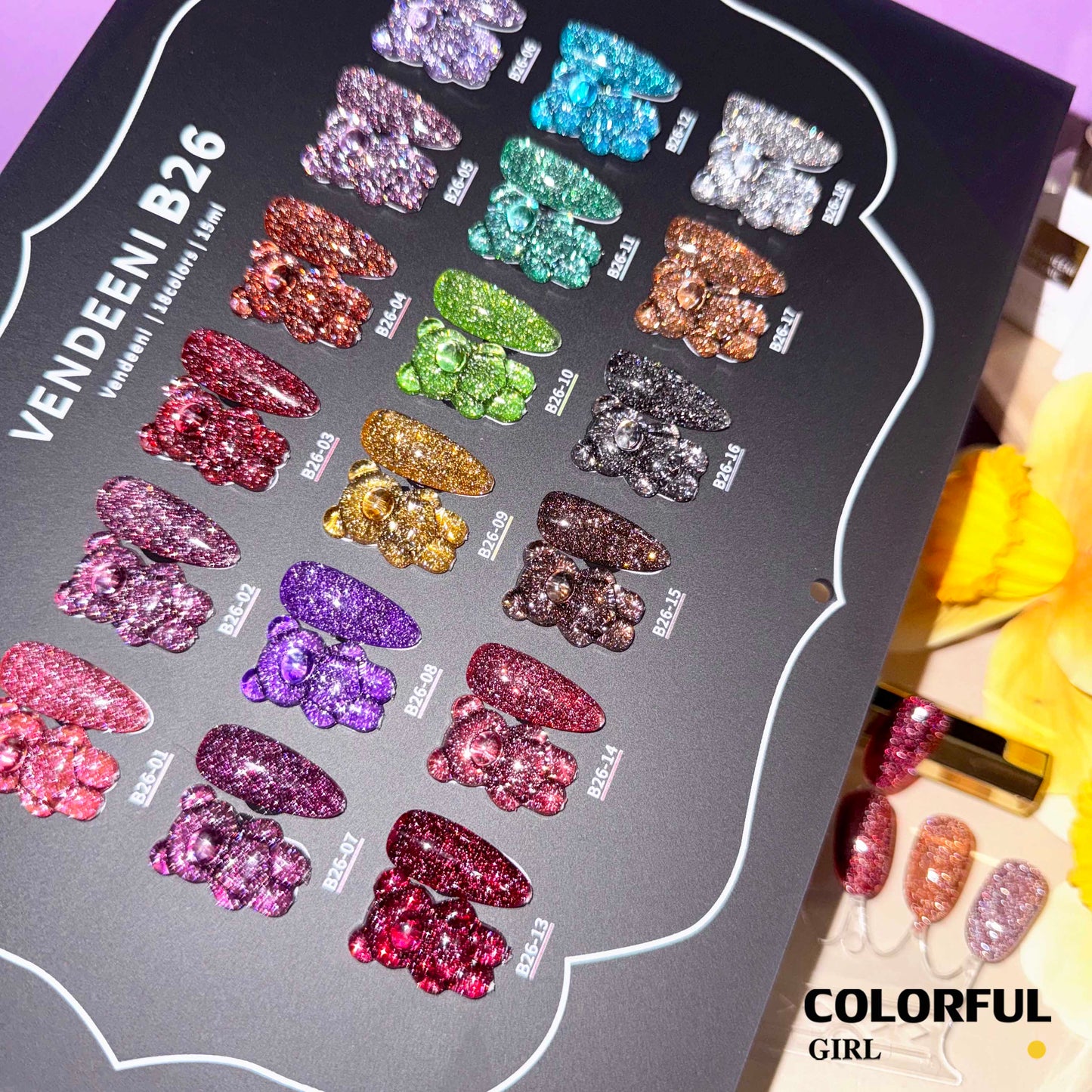 【พร้อมส่ง】VENDEENI สีเจลแฟลช 18สี (VENDEENI B26)สีเจลทาเล็บ สี แถม ชาร์ทสี ยาทาเล็บเจล ชุดสี 18สี + ฟรีชาร์ทสี พร้อมชาร์ทสีค่ะสีแน่นสวยมากเลยนะคะ เอฟเฟกต์มันเงามาก