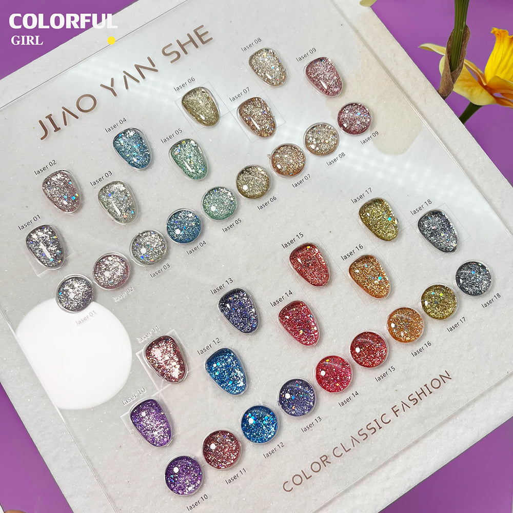 【พร้อมส่ง】สีสีเจล JYS สีกากเพชร+เลเซอร์แฟลช 18 สี แถม ชาร์ทสี(JIAO YAN SHE) สีเจลแฟลช