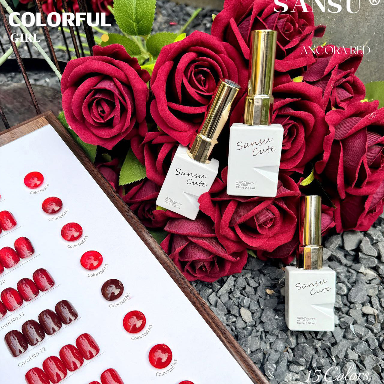 【พร้อมส่ง】 สีทาเล็บเจล SANSU สี( SANSU) สีเจล สีเจลสีพื้น 15สีชุดเจลสีแดง แถมชาร์ทสี 11สีเจลสีพื้น+2สีเจลแคทอาย+2สีเจลไซรัป
