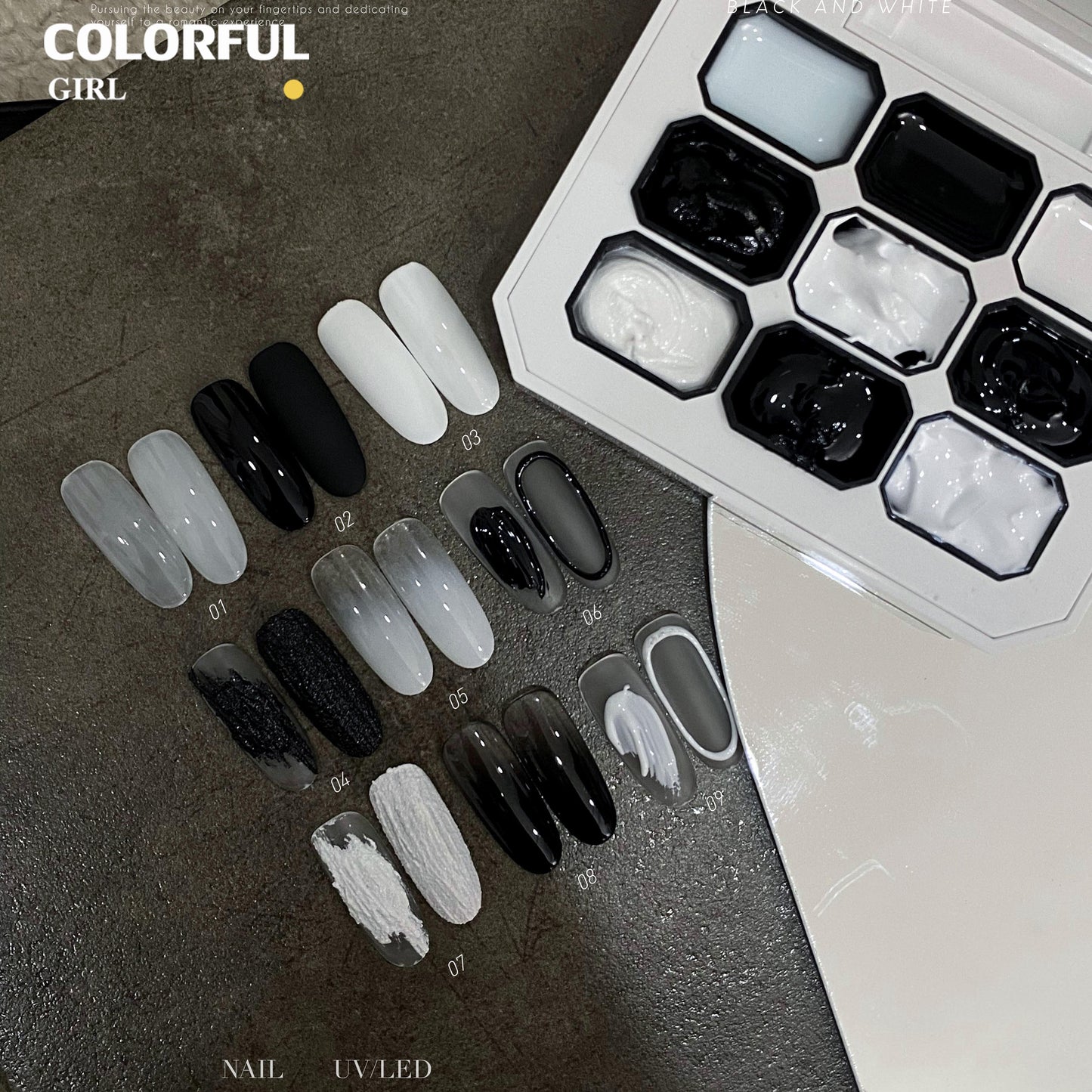 DZZTELIN จานสีเจลทาเล็บแบบแข็ง โทนขาวดำ พาเลท 9 ช่อง เจลสำหรับร้านทำเล็บ สีทน ไม่ลอกง่าย สำหรับลงสีพื้น วาดเส้น เบลนสี ทำเล็บโทนขาวดำ