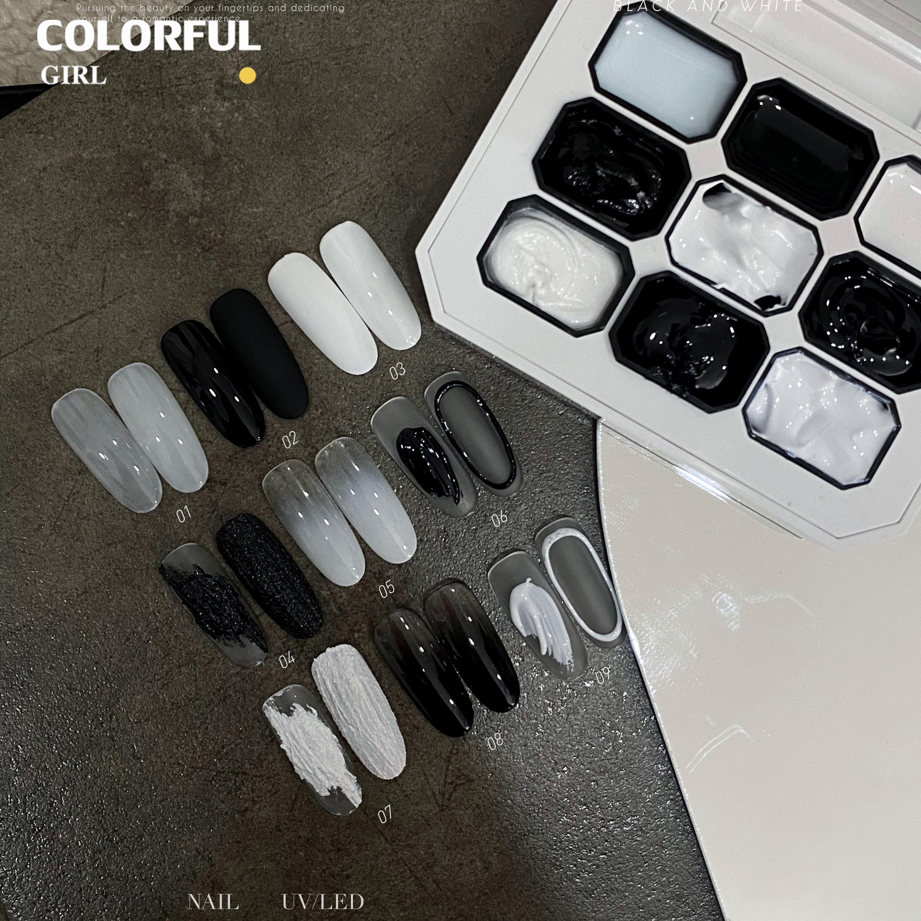 DZZTELIN จานสีเจลทาเล็บแบบแข็ง โทนขาวดำ พาเลท 9 ช่อง เจลสำหรับร้านทำเล็บ สีทน ไม่ลอกง่าย สำหรับลงสีพื้น วาดเส้น เบลนสี ทำเล็บโทนขาวดำ