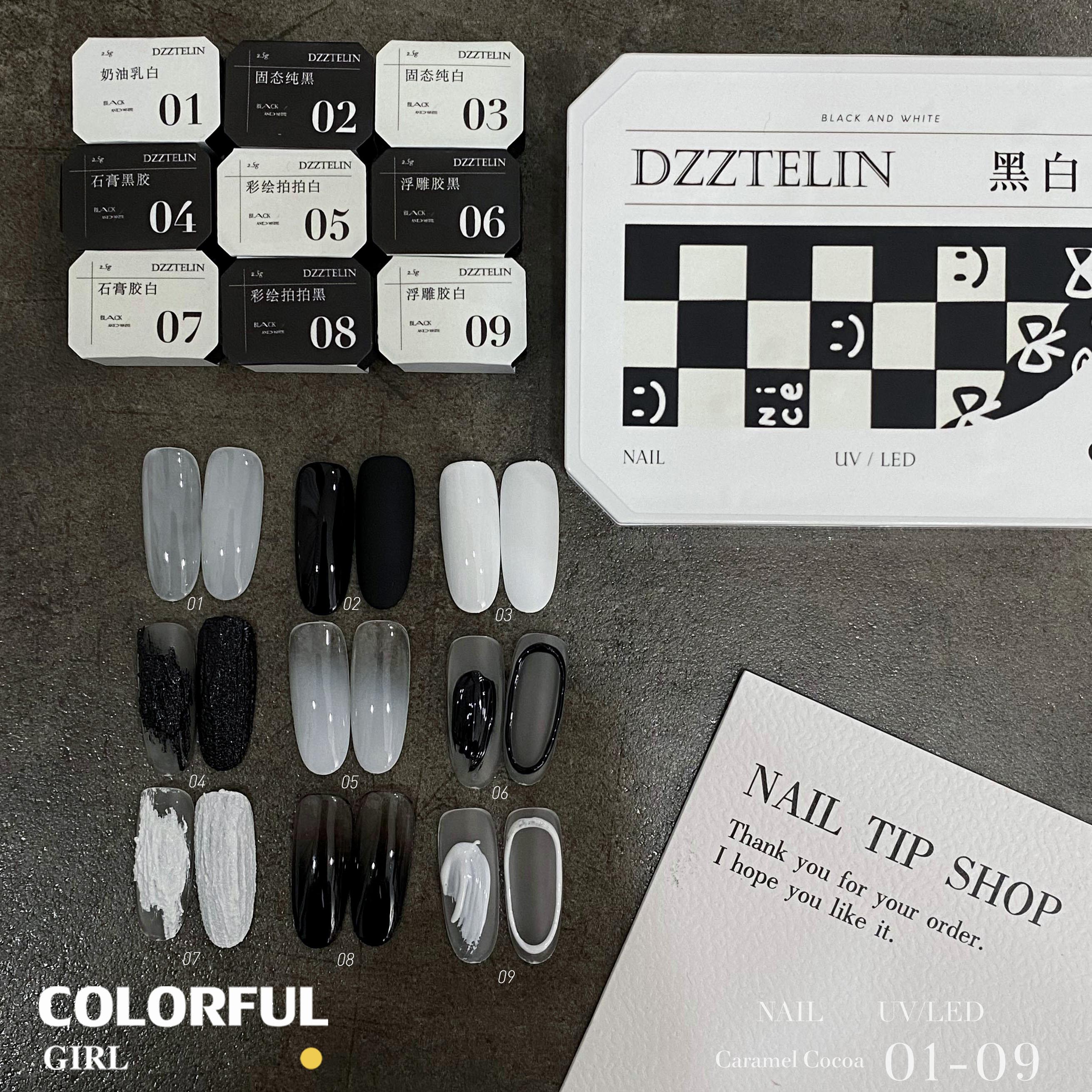 DZZTELIN จานสีเจลทาเล็บแบบแข็ง โทนขาวดำ พาเลท 9 ช่อง เจลสำหรับร้านทำเล็บ สีทน ไม่ลอกง่าย สำหรับลงสีพื้น วาดเส้น เบลนสี ทำเล็บโทนขาวดำ
