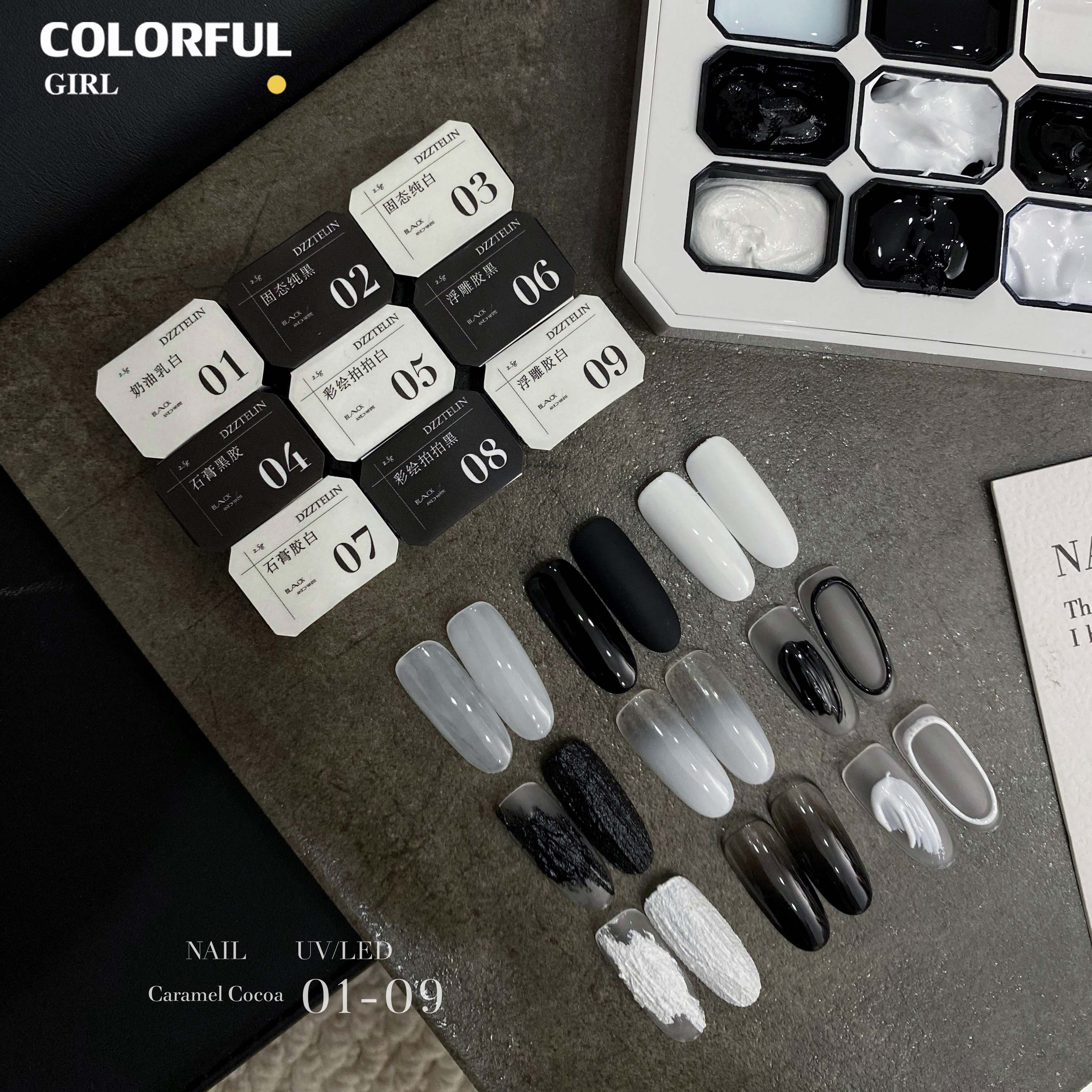 DZZTELIN จานสีเจลทาเล็บแบบแข็ง โทนขาวดำ พาเลท 9 ช่อง เจลสำหรับร้านทำเล็บ สีทน ไม่ลอกง่าย สำหรับลงสีพื้น วาดเส้น เบลนสี ทำเล็บโทนขาวดำ