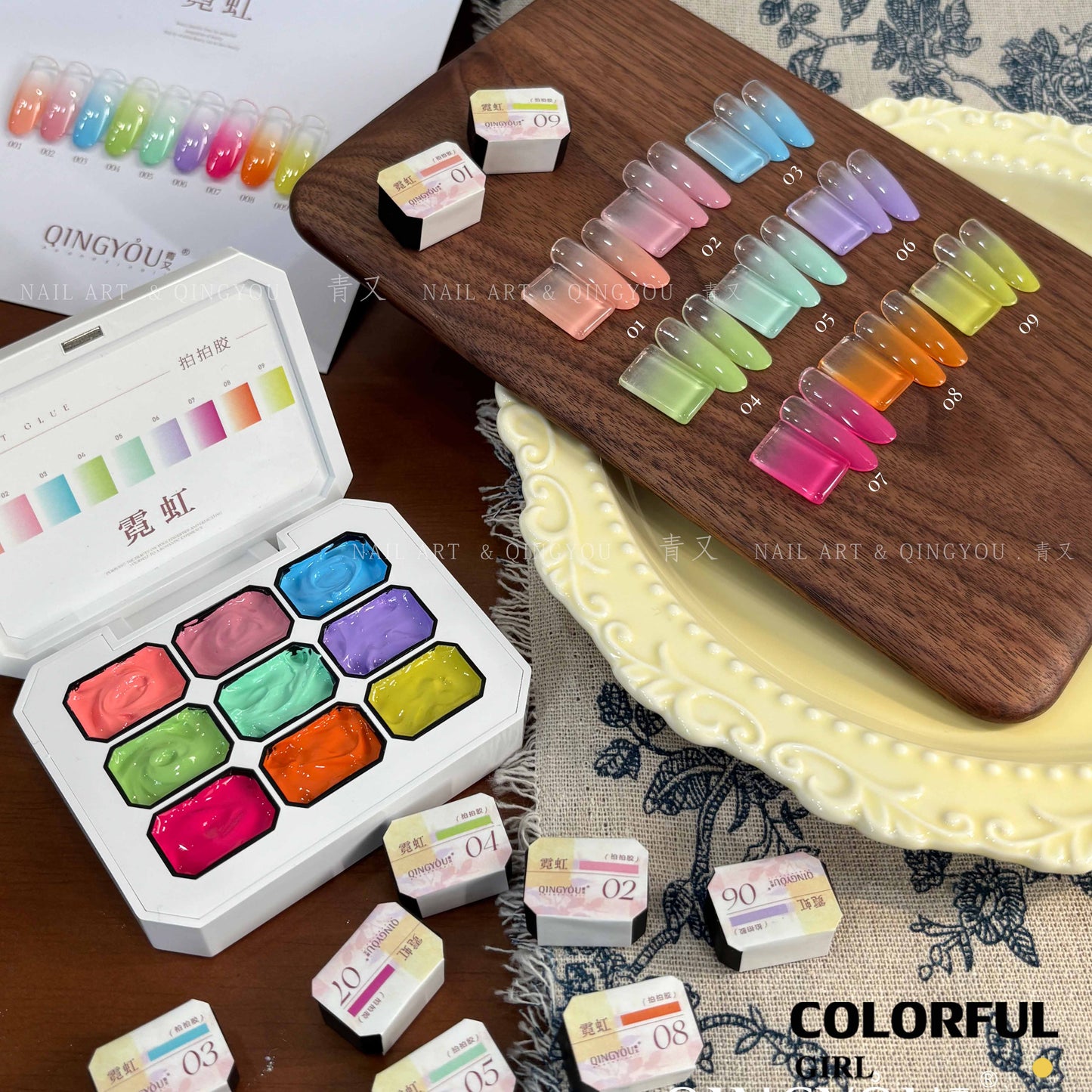 QINGYOU เล็บเจล 1 ชิ้น ใหม่Solid Pat Gel 9-square series หลากสี แถมพาเลตอะคริลิคใส ยาทาเล็บ, กาวทาสี, ยาทาเล็บสีทึบ แถมพาเลตอะคริลิคใส