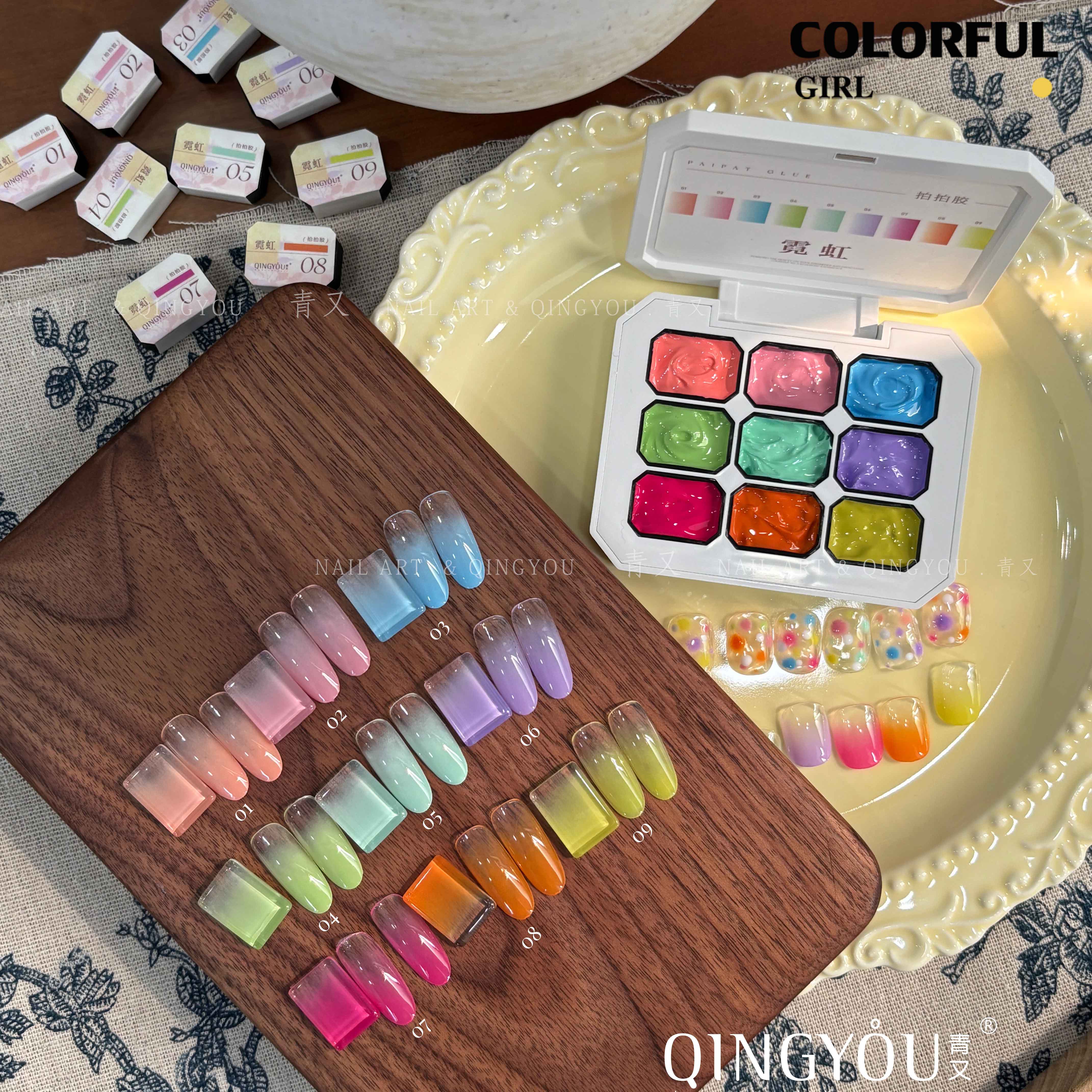 QINGYOU เล็บเจล 1 ชิ้น ใหม่Solid Pat Gel 9-square series หลากสี แถมพาเลตอะคริลิคใส ยาทาเล็บ, กาวทาสี, ยาทาเล็บสีทึบ แถมพาเลตอะคริลิคใส