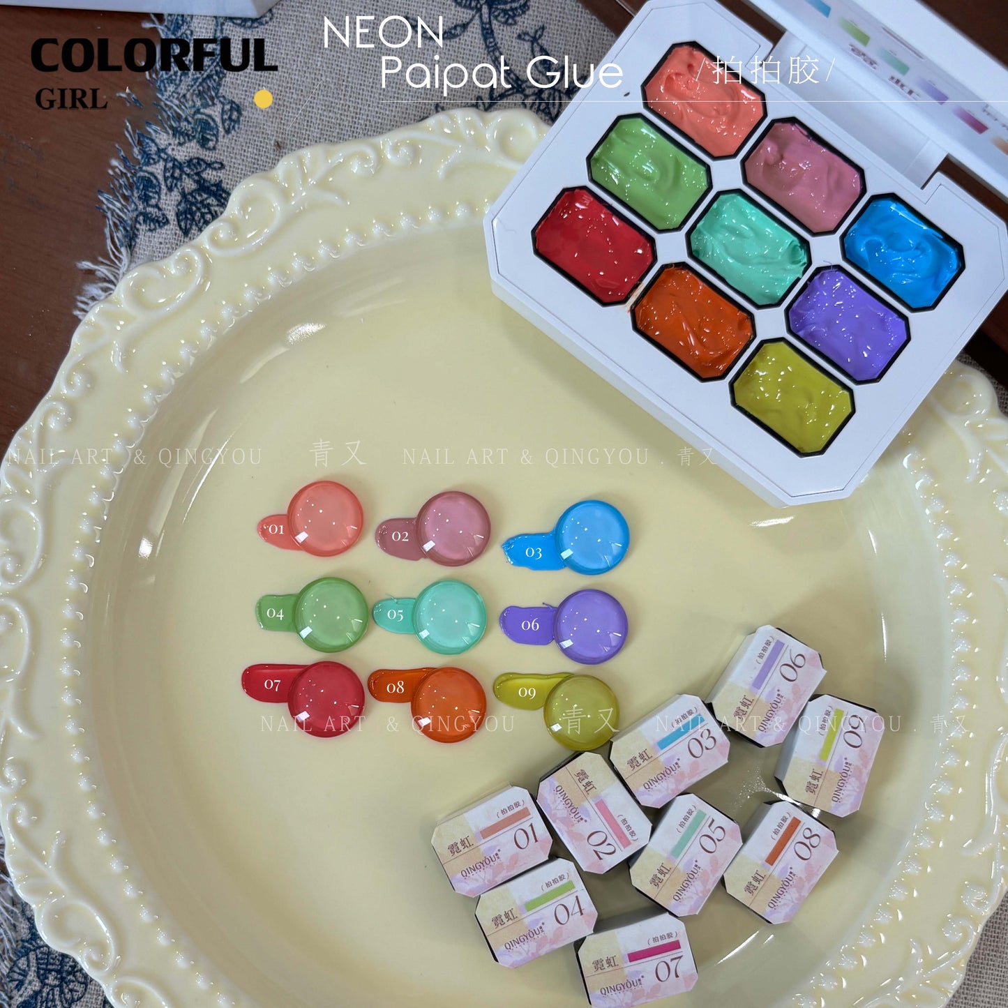 QINGYOU เล็บเจล 1 ชิ้น ใหม่Solid Pat Gel 9-square series หลากสี แถมพาเลตอะคริลิคใส ยาทาเล็บ, กาวทาสี, ยาทาเล็บสีทึบ แถมพาเลตอะคริลิคใส