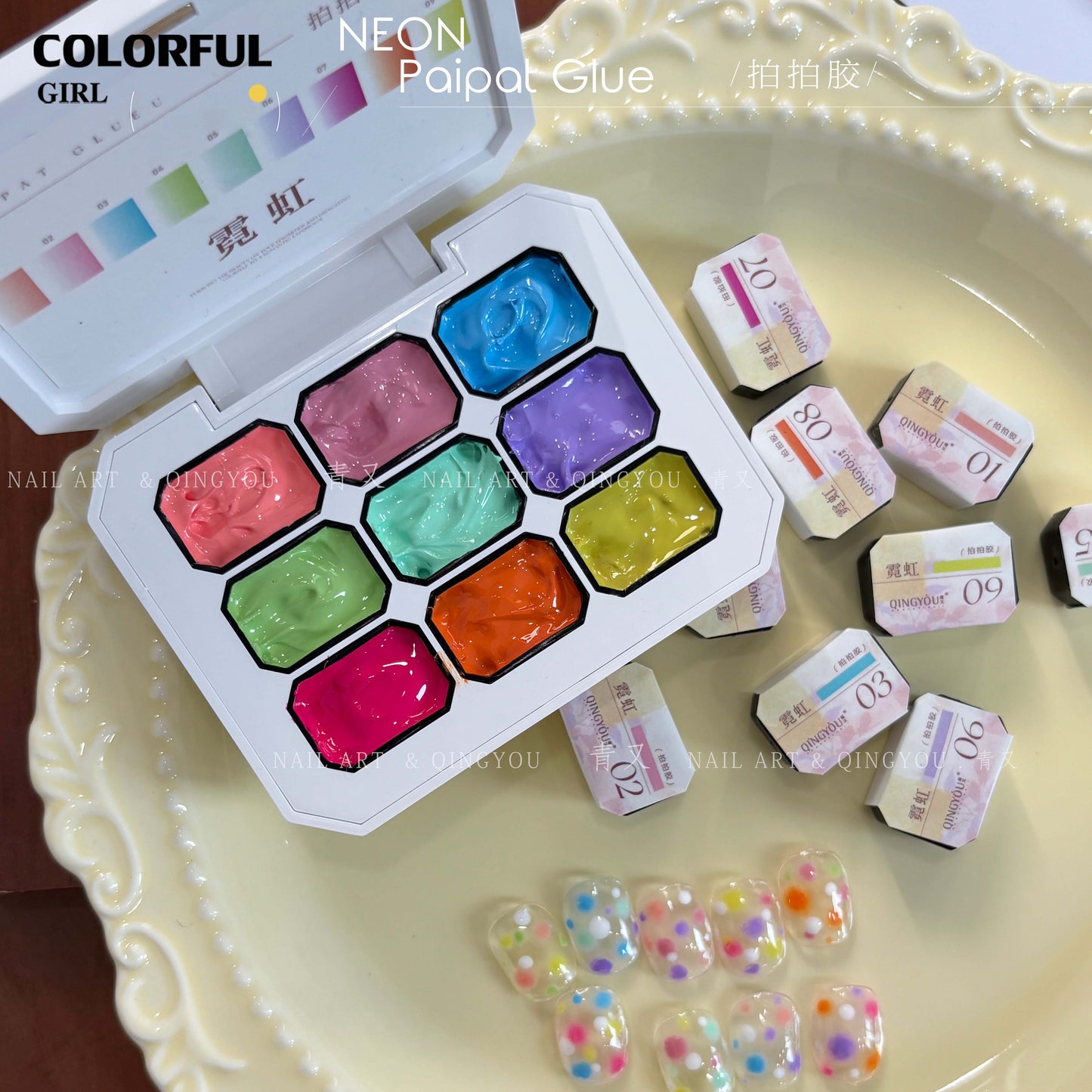 QINGYOU เล็บเจล 1 ชิ้น ใหม่Solid Pat Gel 9-square series หลากสี แถมพาเลตอะคริลิคใส ยาทาเล็บ, กาวทาสี, ยาทาเล็บสีทึบ แถมพาเลตอะคริลิคใส