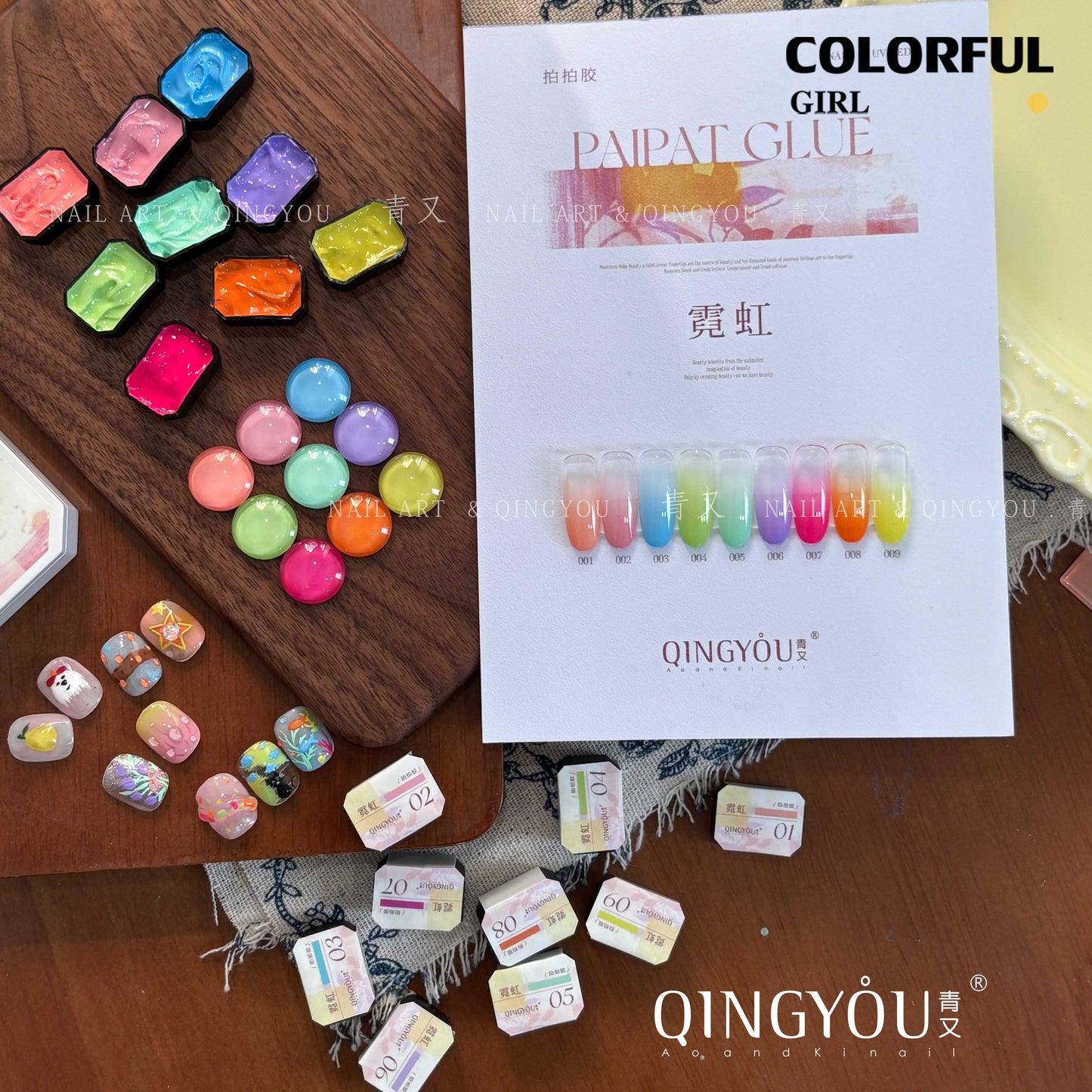 QINGYOU เล็บเจล 1 ชิ้น ใหม่Solid Pat Gel 9-square series หลากสี แถมพาเลตอะคริลิคใส ยาทาเล็บ, กาวทาสี, ยาทาเล็บสีทึบ แถมพาเลตอะคริลิคใส