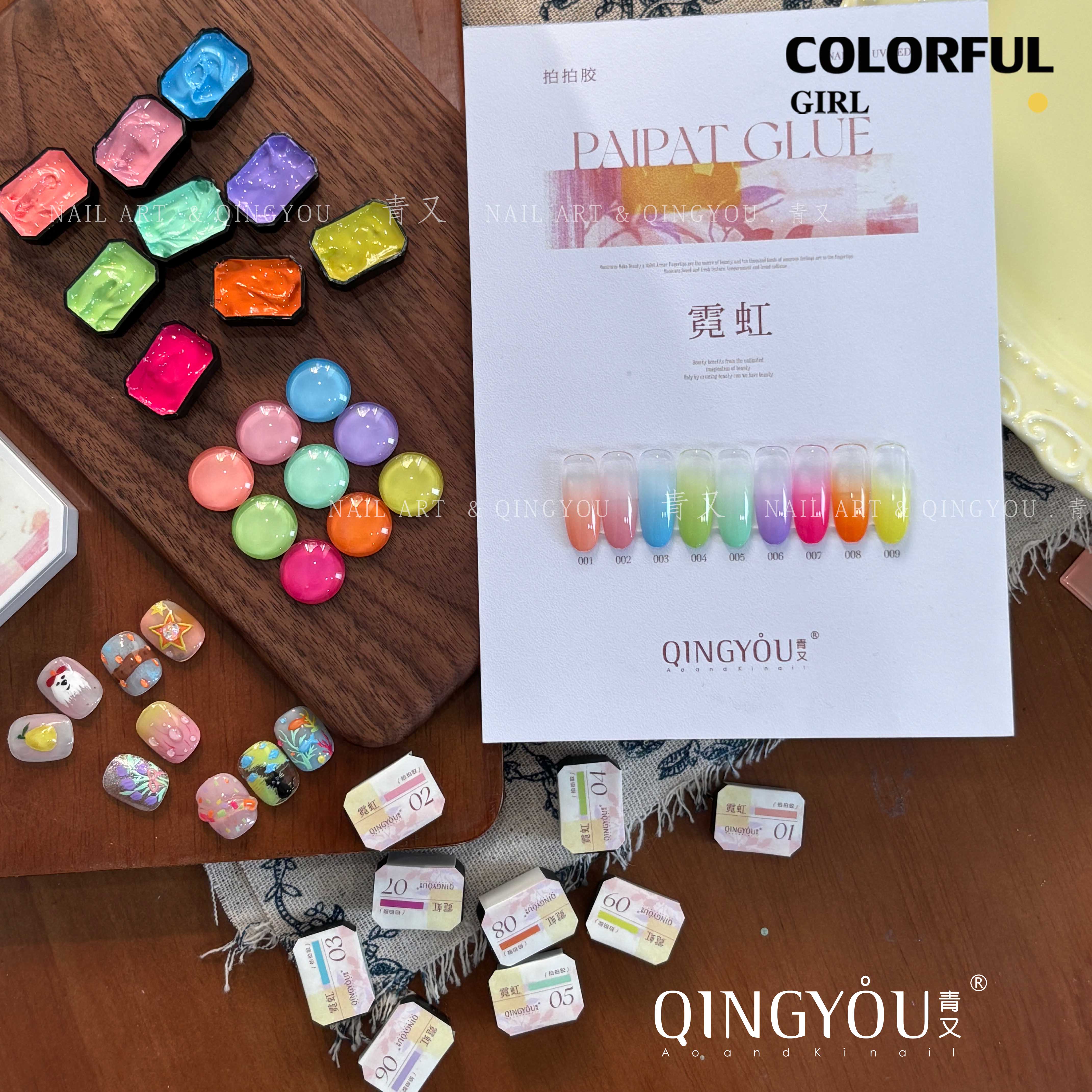 QINGYOU เล็บเจล 1 ชิ้น ใหม่Solid Pat Gel 9-square series หลากสี แถมพาเลตอะคริลิคใส ยาทาเล็บ, กาวทาสี, ยาทาเล็บสีทึบ แถมพาเลตอะคริลิคใส